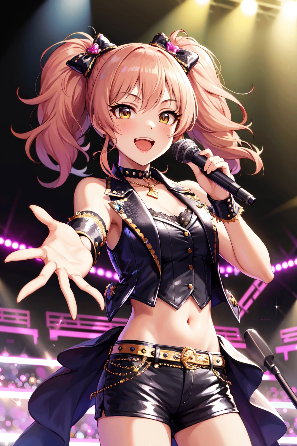 masterpiece, best quality, highres, aamika, twintails, hair bow, idol clothes, choker, vest, wrist cuffs,, midriff, shorts, <lora:jougasaki_mika_v1:0.7>, idol clothes, hair ornament, standing, cowboy shot, singing, stage, holding microphone, smile, open mouth, reaching out,