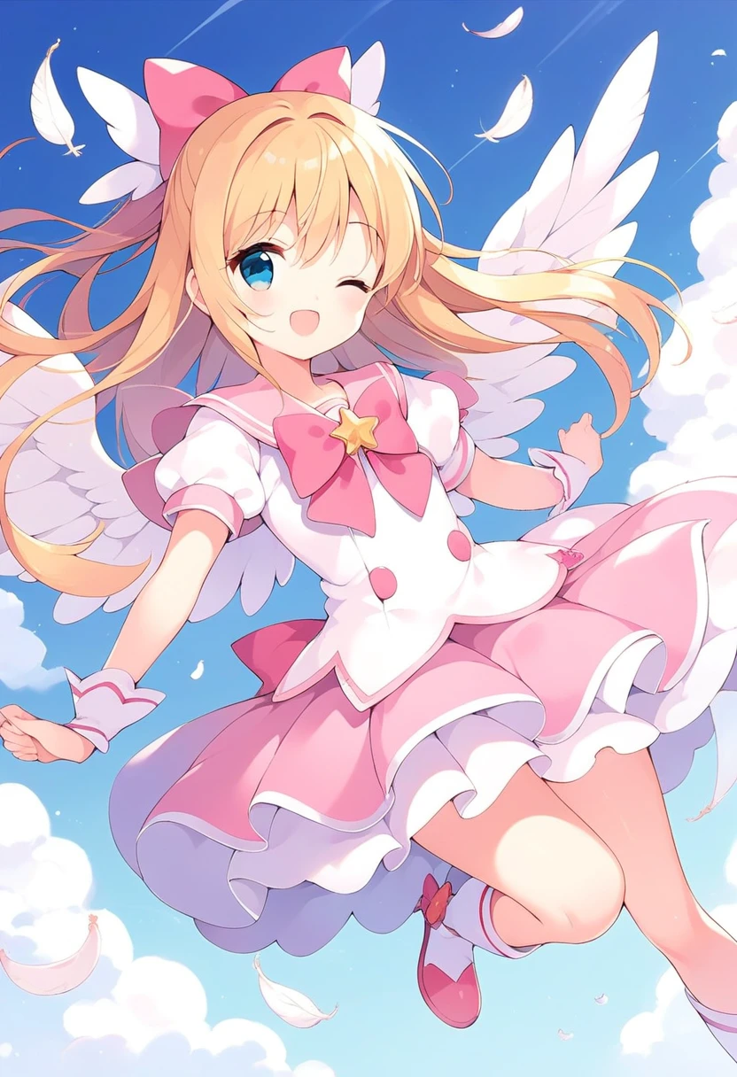 score_9, score_8_up, score_7_up, source_anime, 1girl, magical girl, hair bow, cute, white wings, wink, sky, falling feathers
