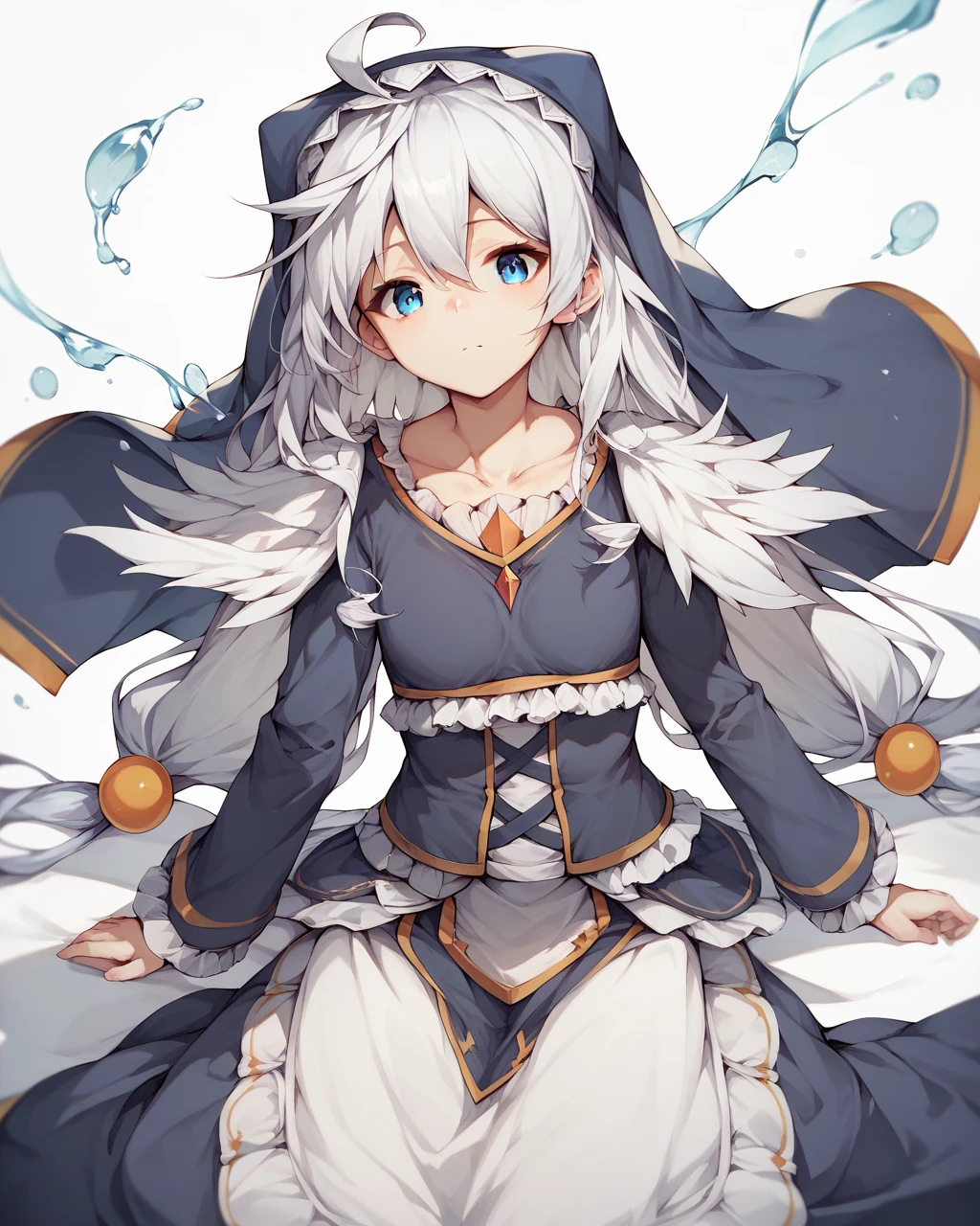 score_9, score_8_up, score_7_up,
<lora:Eris_PONY:1>,eris,1girl,solo,blue eyes,white hair,hair between eyes, very long hair,Ahoge, collarbone, frills, nun,long sleeves,dress,