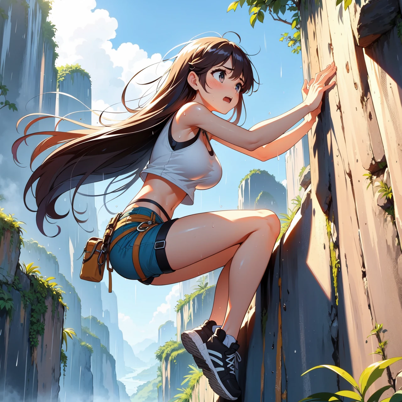 (((masterpiece))), (((best quality))), (((from below))), (((full body))), (((free solo climbing))), ((hands on cliff)), ((raise head)), ((sweat)), ((tan skin)), ((fluttering hair)), ((sneakers)), ((pendant)), (crop top), (shorts), holster, fog, sky, jungle, canyon, high sky, wind, solo, 1girl, cleavage, ((big tits)), open mouth, auburn hair, bobhair, ribbon, shy, blush, slim figure, raining, <lora:girllikefreesoloclimbing:0.8>