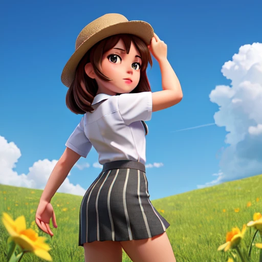 1girl, sky, looking back, on grass, high quality, masterpiece, absurdres, shirt lift, skirt