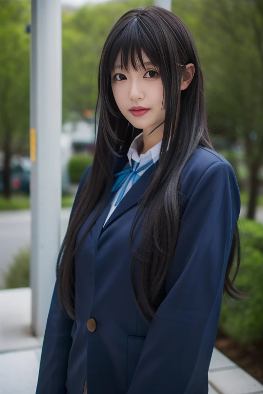 ltra-detailed,highly detailed,best quality,masterpiece,illustration,realistic,photorealistic,
mio akiyama, sakuragaoka high school uniform,
1girl, solo, cosplay,
very long hair, bangs, 
looking at viewer, cowboy shot, 
outdoors, 
 <lora:mio akiyama_v1_07:0.8>