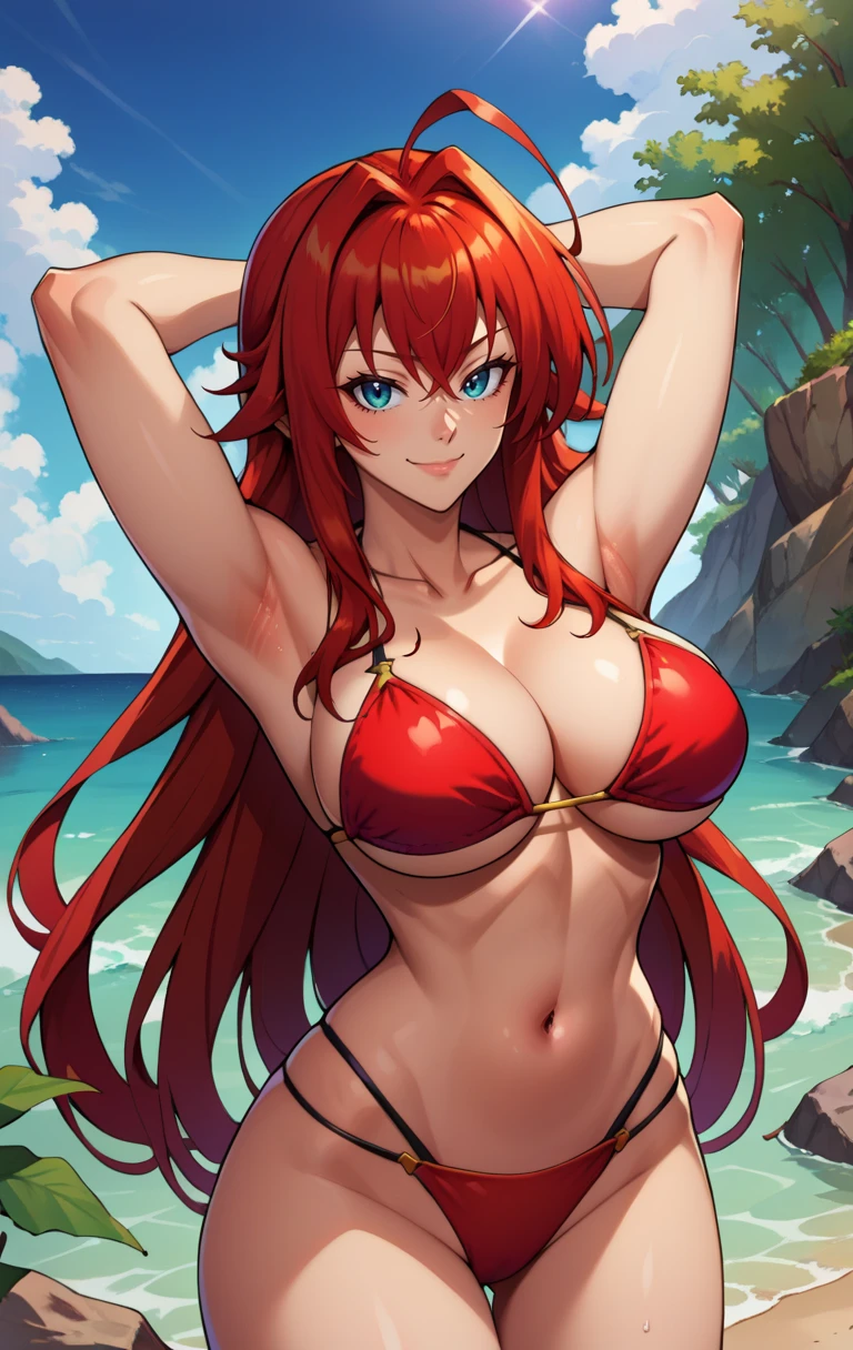 [(Transparent Background: 1.5)::5],(((Masterpiece))),(((Best Quality))),(((Extremely Detailed))), Illustration, (High Resolution), High Quality, Perfect Line Art, 1 Girl, Long Hair, Hot Red Hair, ((Huge Breasts:1.5)), (Wide Hips), Milf:1, Mature Woman, Small Waist:1.2, Curvy:1, Sexy, Defined Body: 1.2, (Microbi kini with thong only:1), (red micro bikini:1) ), beautiful detailed face, red eyes, underwear slightly exposed, detailed eyes, hyper, slight smile, annoying, (angry), blushing, highly detailed, beautiful, small details, ultra detailed, best quality, intricate, 4k, 8k, trending on artstation, nice anatomy, beautiful lighting, award winning, nihilister, background beach, sea, beautiful tropical beach, ahoge