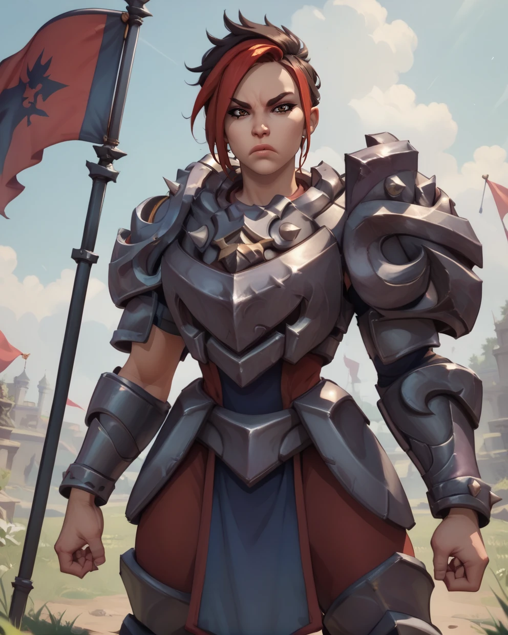 score_9,score_8_up,score_7_up,
Ashxl,multicolored hair,brown eyes,lips,
single shoulder armor,armor,pelvic curtain,serious,clenched hands,
battle ground,morning,<lora:ASHPLD:0.8>,flag,