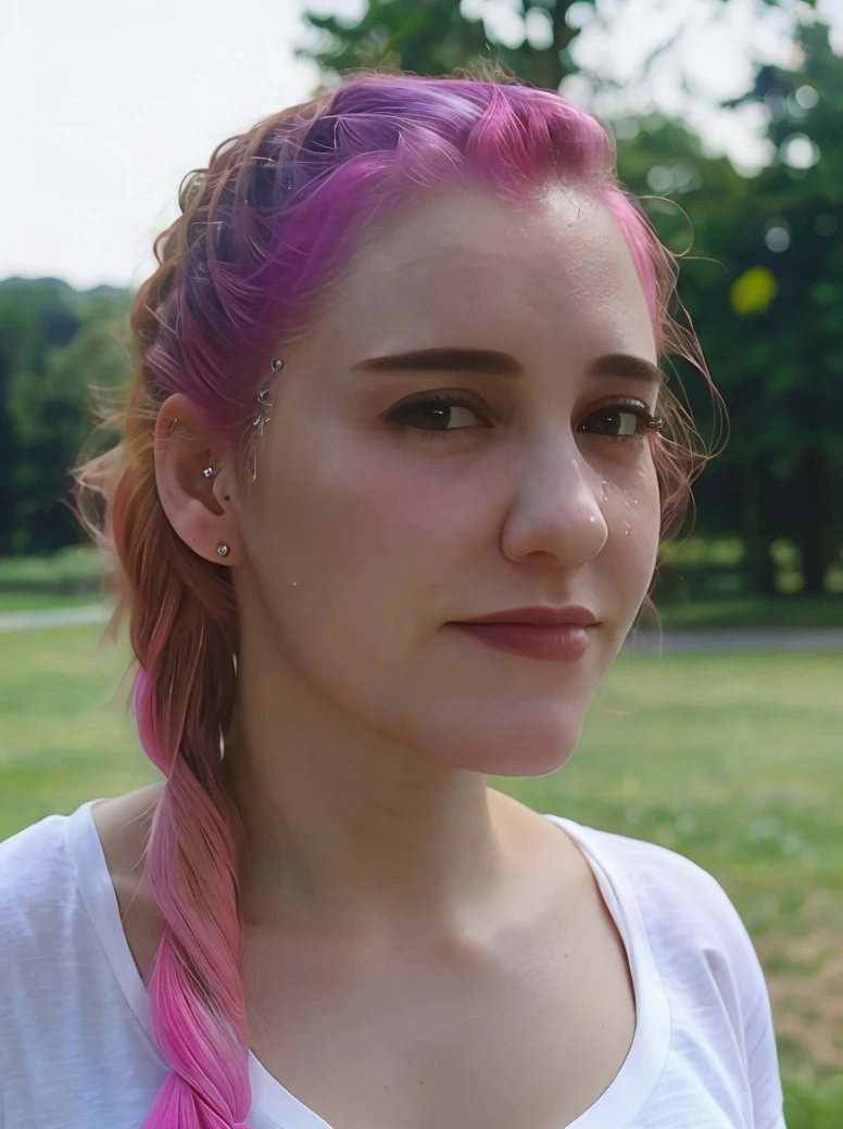 a picture of m4ria15, pink hair, realistic, photorealistic, detailed skin, surface scattering, bokeh, skin pores, <lora:m4ria15:1>looking at viewer,outdoors,wearing a white shirt