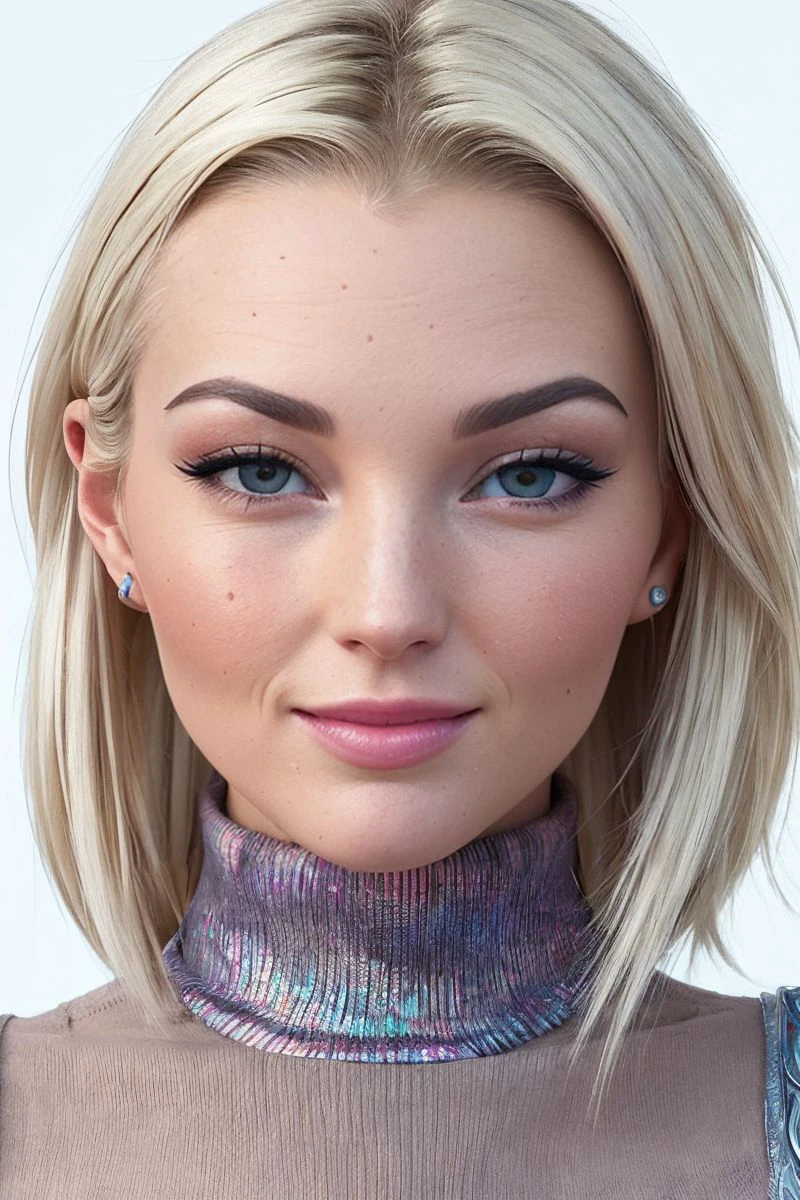 closeup headshot of S355_LovitaFate,an attractive woman,in front of an (iridescent-shimmer-wall:1.1),wearing a (cowlneck:1.1),(smiling),(4k, RAW photo, best quality, 24mm, depth of field, ultra high res:1.1),(absurdres, intricate, photorealistic, cinematic-shot, masterpiece, ultra-detailed:1.1),
