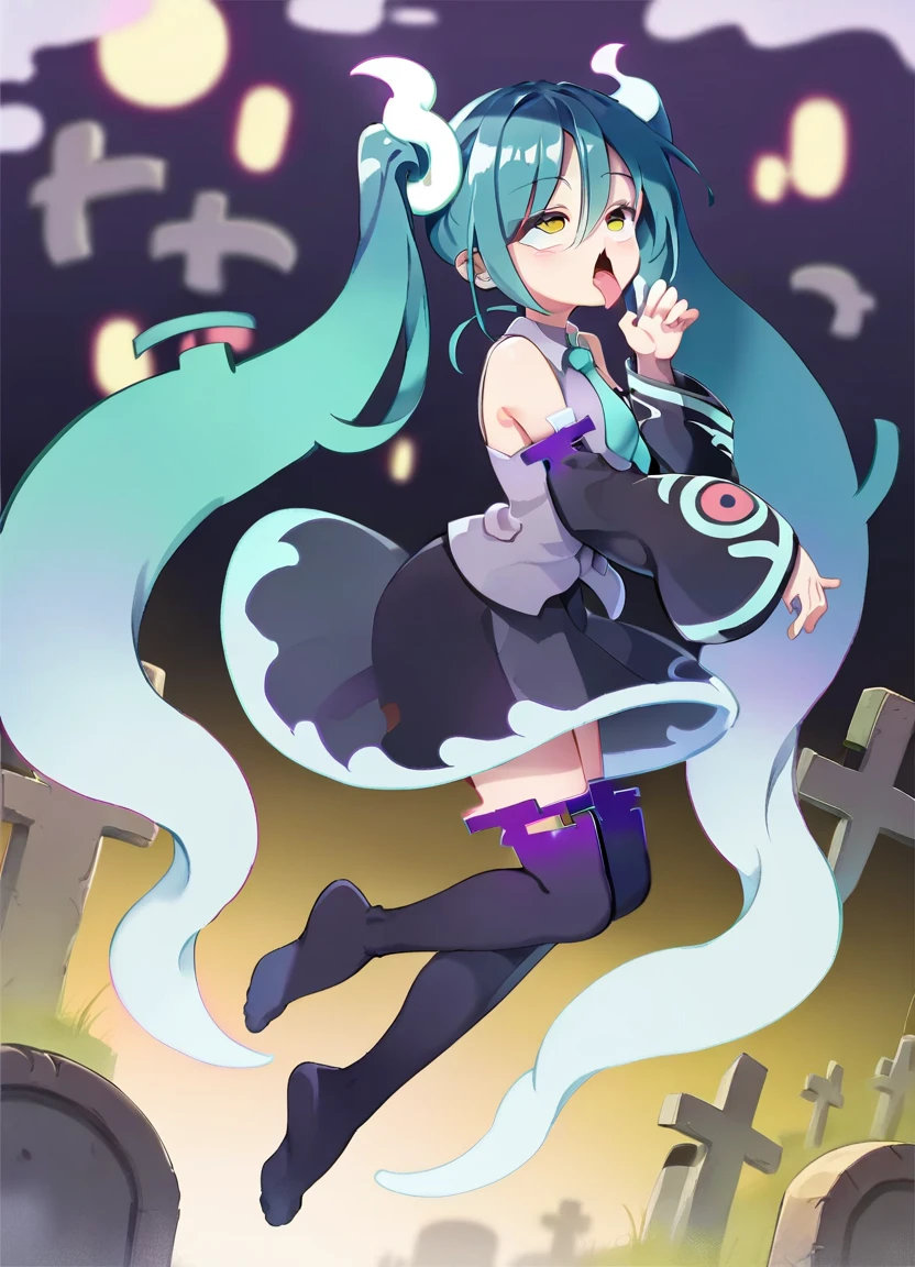 score_9, score_8_up, score_7_up,score_6_up,score_5_up,score_4_up, a girl in a graveyard, from side, ahegao, ghost pose, solo, detached sleeves, floating,
<lora:musouduki_style_xl_v3:.8> <lora:GhostMiku_PonyXL_v10:0.8> GhostMiku_PonyXL, twintails, aqua hair, yellow eyes, necktie, long sleeves, seethrough-skirt, hitodama