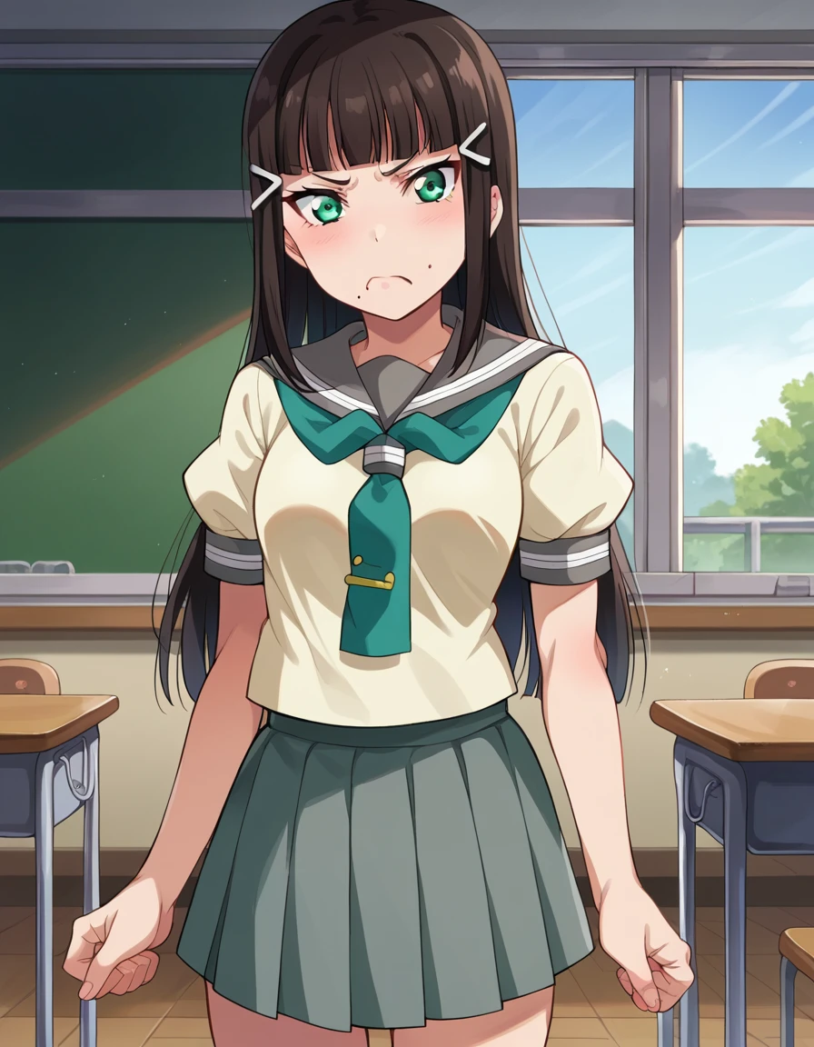score_9, score_8_up, score_7_up, source_anime,
diakurosawa, <lora:dia-kurosawa-ponyxl-lora-nochekaiser:1>,
dia kurosawa, long hair, bangs, black hair, hair ornament, green eyes, sidelocks, hairclip, blunt bangs, mole, mole under mouth,
skirt, school uniform, short sleeves, pleated skirt, serafuku, socks, neckerchief, kneehighs, black socks, green neckerchief, grey skirt, uranohoshi school uniform,
indoors, classroom,
looking at viewer, cowboy shot, dutch angle,