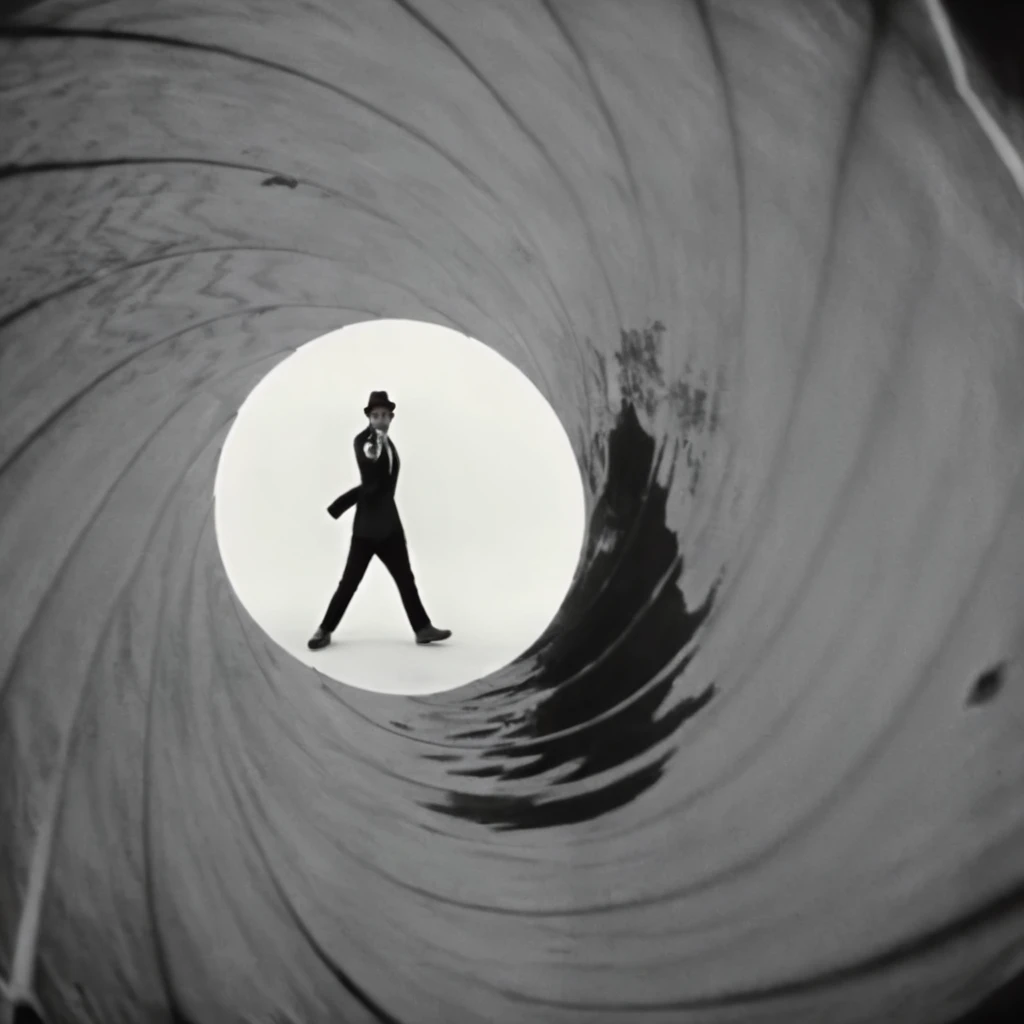 UHD, 4k, ultra detailed, cinematic, a photograph of <lora:Gun barrel sequence v2:1>
a man standing inside of a large black and white object aiming a gun at camera is see through a tunnel hole,solo,1boy,hat,standing,monochrome,male focus,pants,from behind , Gun barrel hole, gun barrel's interior, pinhole camera, Gun barrel sequence style, epic, beautiful lighting, inpsiring