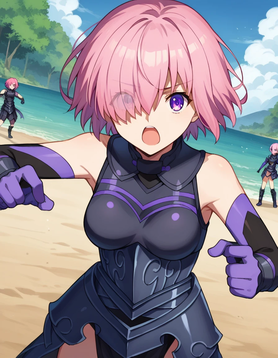 score_9, score_8_up, score_7_up, source_anime,
mashkyrielight, <lora:mash-kyrielight-ponyxl-lora-nochekaiser:1>,
mash kyrielight, short hair, purple eyes, pink hair, hair over one eye, open mouth,
gloves, bare shoulders, elbow gloves, armor, black armor,
outdoors, dessert, oasis,
looking at viewer, cowboy shot, dutch angle, dynamic pose, fighting stance,