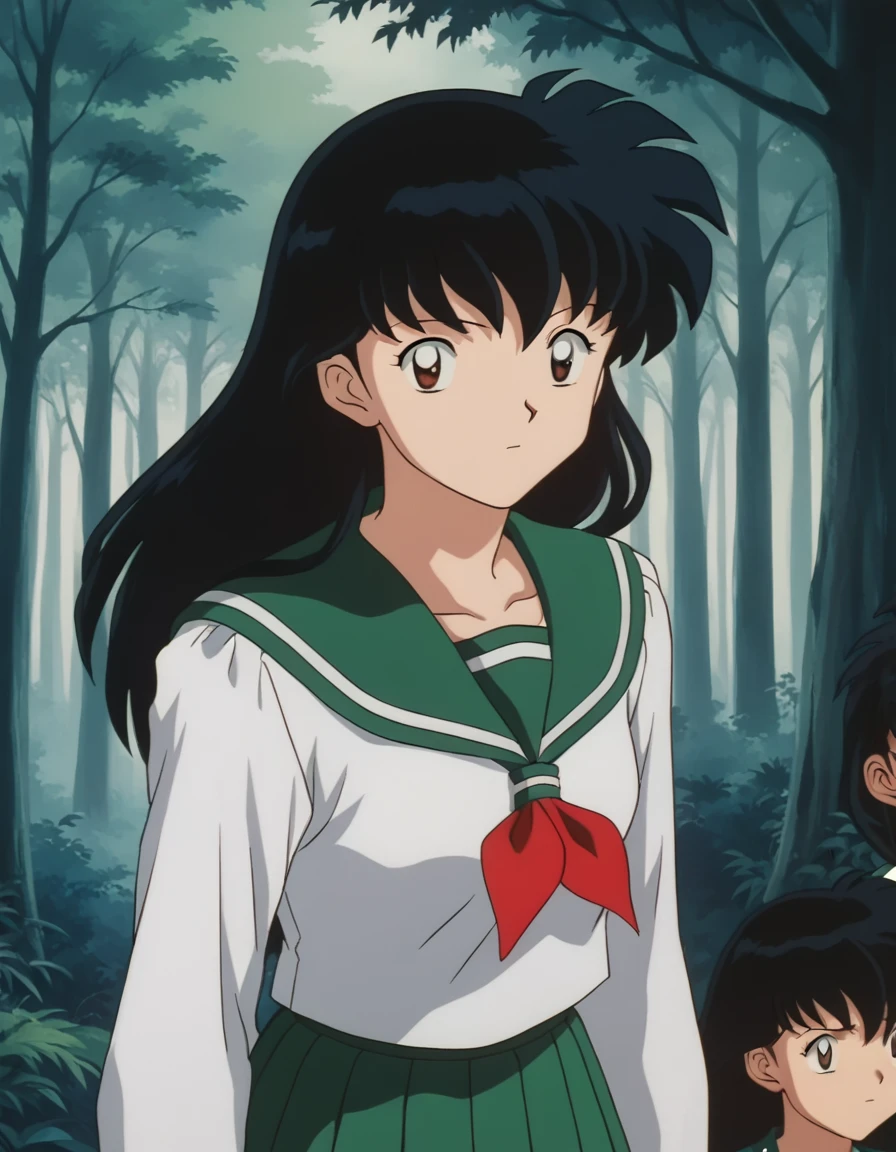 score_9, score_8_up, score_7_up, source_anime,
kagomehigurashi, <lora:kagome-higurashi-ponyxl-lora-nochekaiser:1>,
kagome higurashi, long hair, black hair, retro artstyle, brown eyes,
skirt, shirt, long sleeves, school uniform, white shirt, pleated skirt, serafuku, sailor collar, neckerchief, green skirt, red neckerchief,
outdoors, forest, nature,
looking at viewer,