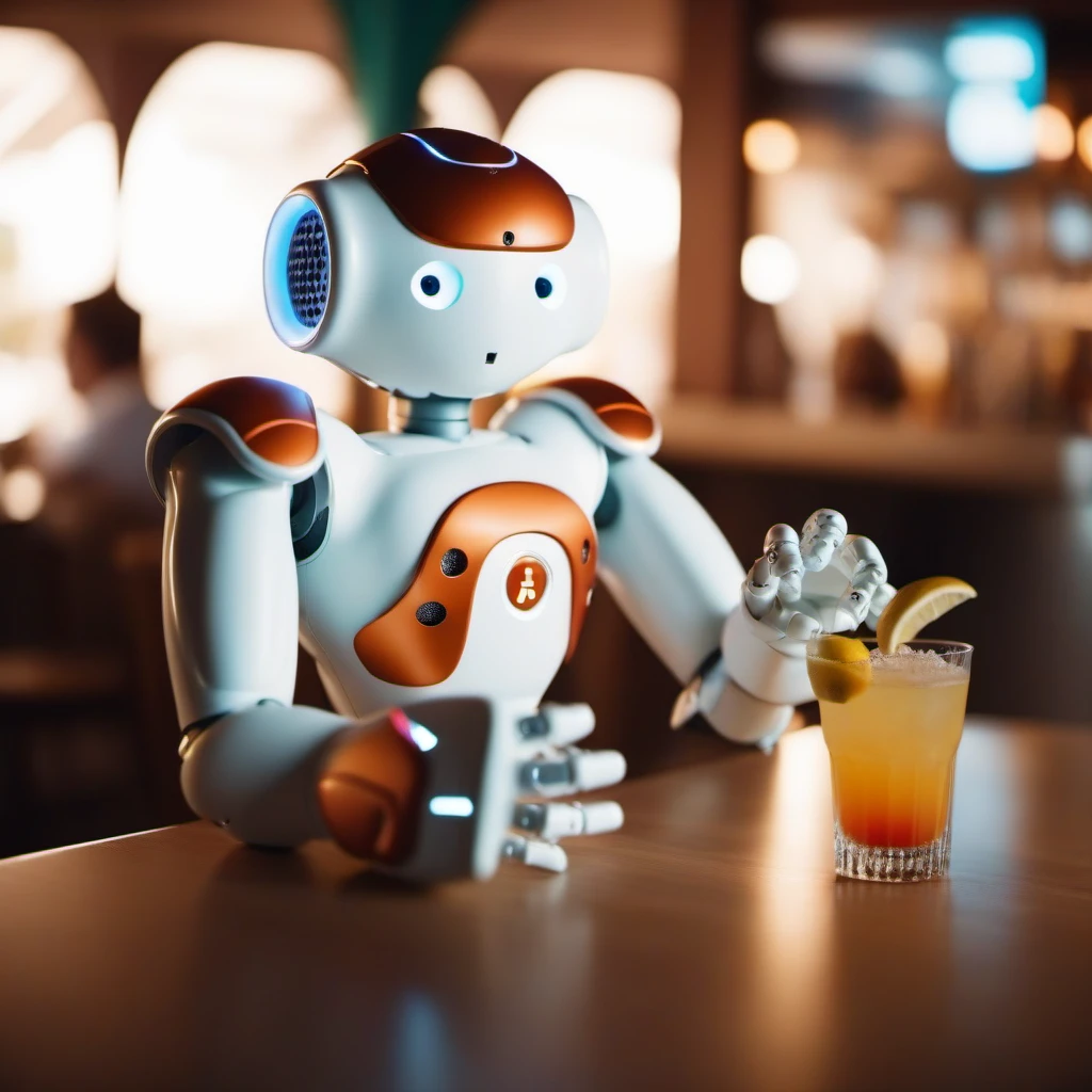 cinematic photo a robot having a cocktail, beach bar<lora:Nao1024:0.8> . 35mm photograph, film, bokeh, professional, 4k, highly detailed