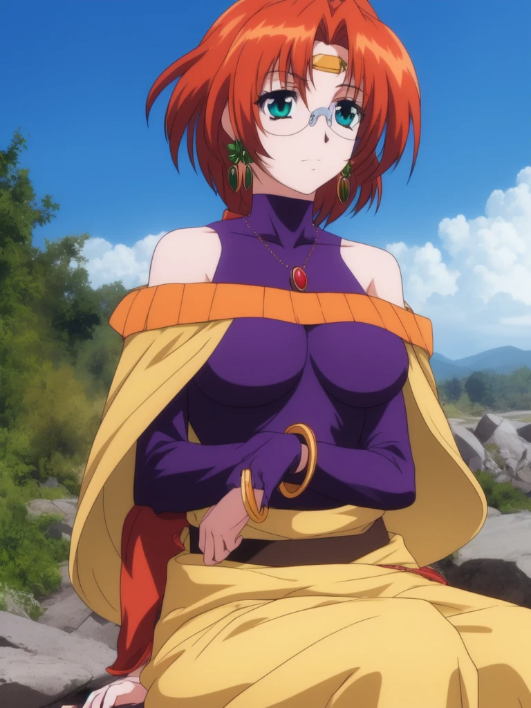<lora:Aila:0.9>,  Aila, 1girl, soro, glasses, jewelry, earrings, short hair, red hair, green eyes, orange hair, ponytail, breasts, circlet, bare shoulders, necklace, bracelet, turtleneck, blue eyes, skirt, outdoor, sjy,
masterpiece, high quality, very_high_resolution, large_filesize, full color,