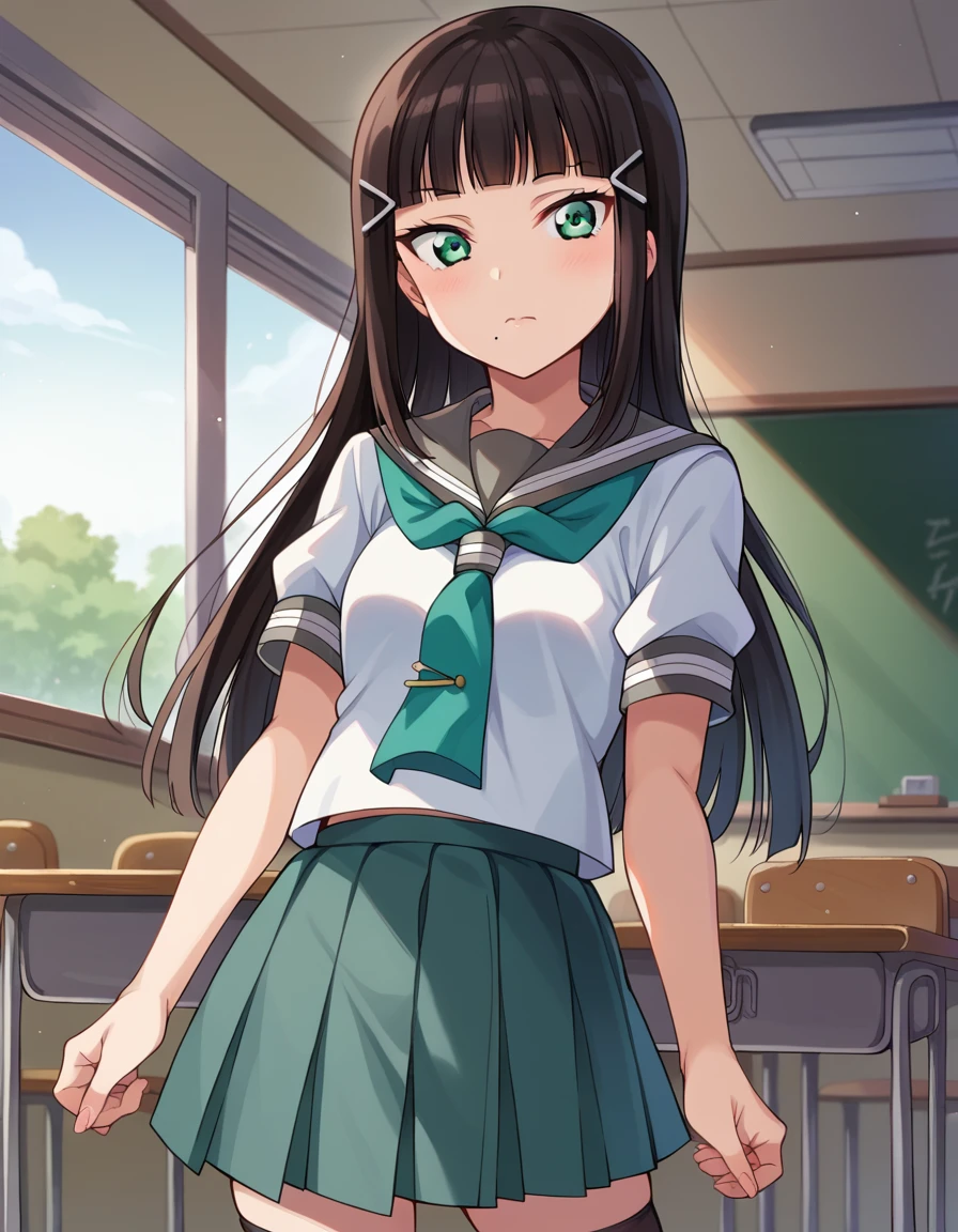score_9, score_8_up, score_7_up, source_anime,
diakurosawa, <lora:dia-kurosawa-ponyxl-lora-nochekaiser:1>,
dia kurosawa, long hair, bangs, black hair, hair ornament, green eyes, sidelocks, hairclip, blunt bangs, mole, mole under mouth,
skirt, school uniform, short sleeves, pleated skirt, serafuku, socks, neckerchief, kneehighs, black socks, green neckerchief, grey skirt, uranohoshi school uniform,
indoors, classroom,
looking at viewer, cowboy shot, dutch angle,