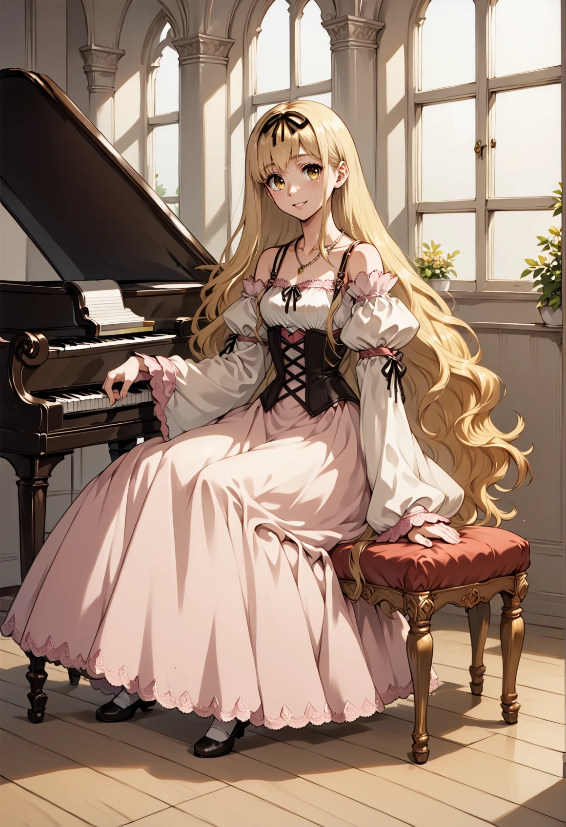 1girl, solo, smile, blonde hair, long hair, black ribbon, yellow eyes, pink dress. corset, necklace, long sleeves, bare shoulders, full body. indoors, sitting, playing piano, piano, mansion <lora:Luserina_Barows_Suikoden_V:1>, score_9, score_8_up, score_7_up, score_6_up, score_5_up, score_4_up, BREAK source_anime, masterpiece