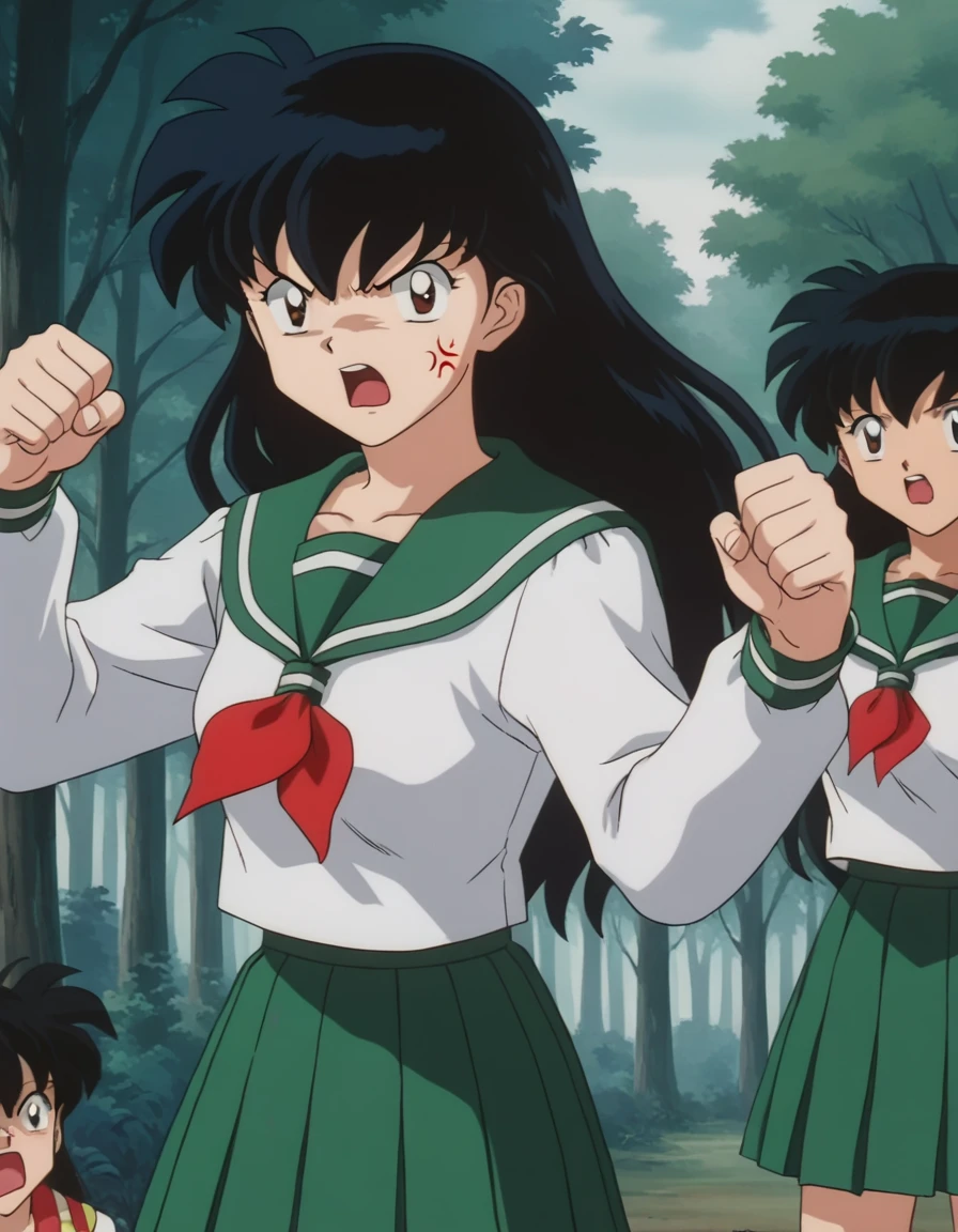 score_9, score_8_up, score_7_up, source_anime,
kagomehigurashi, <lora:kagome-higurashi-ponyxl-lora-nochekaiser:1>,
kagome higurashi, long hair, black hair, retro artstyle, brown eyes, angry, anger vein, shouting, open mouth,
skirt, shirt, long sleeves, school uniform, white shirt, pleated skirt, serafuku, sailor collar, neckerchief, green skirt, red neckerchief,
outdoors, forest, nature,
looking at viewer,
