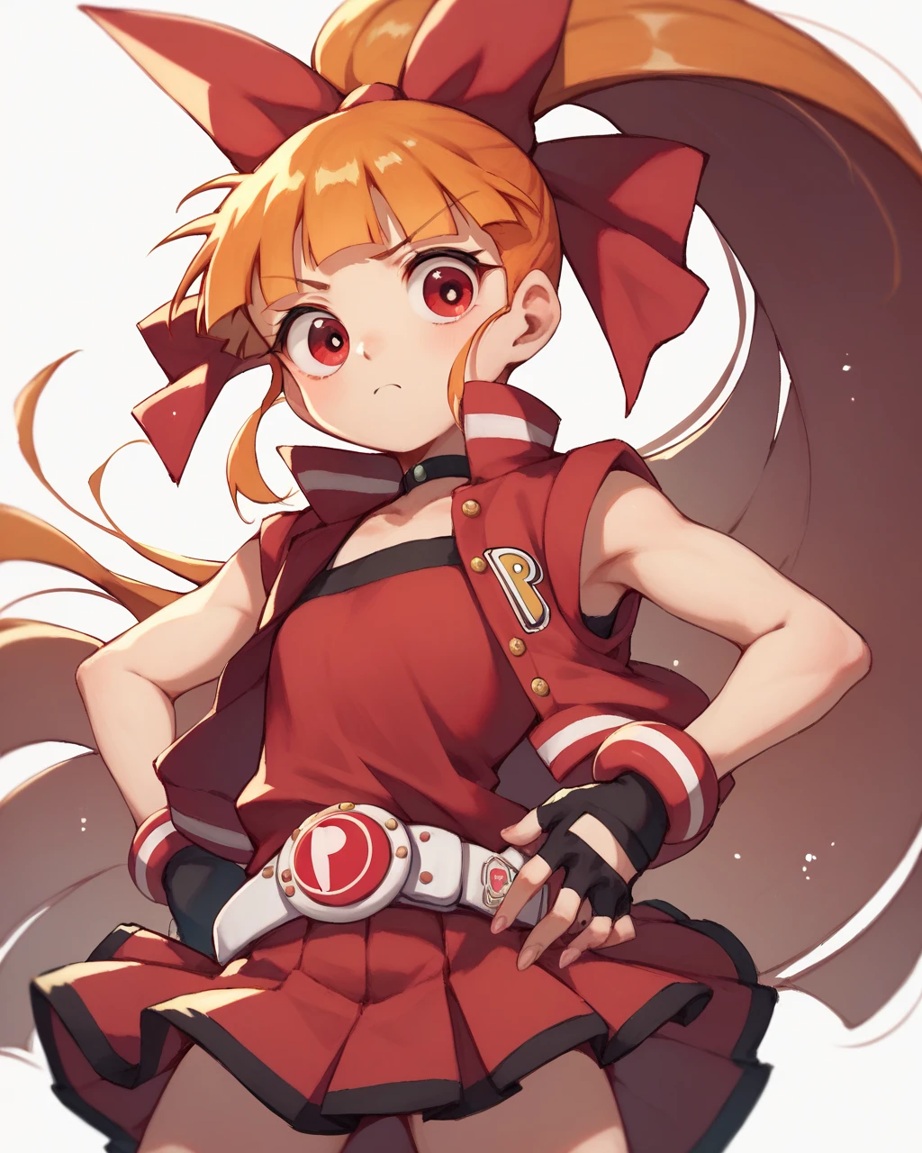score_9, score_8_up, score_7_up,
<lora:Akazutsumi_Momoko_PONY:0.8>,akazutsumi momoko, 1girl,solo,long hair,red eyes,blunt bangs,orange hair, ponytail,red bow, fingerless gloves, skirt, belt, red vest,
