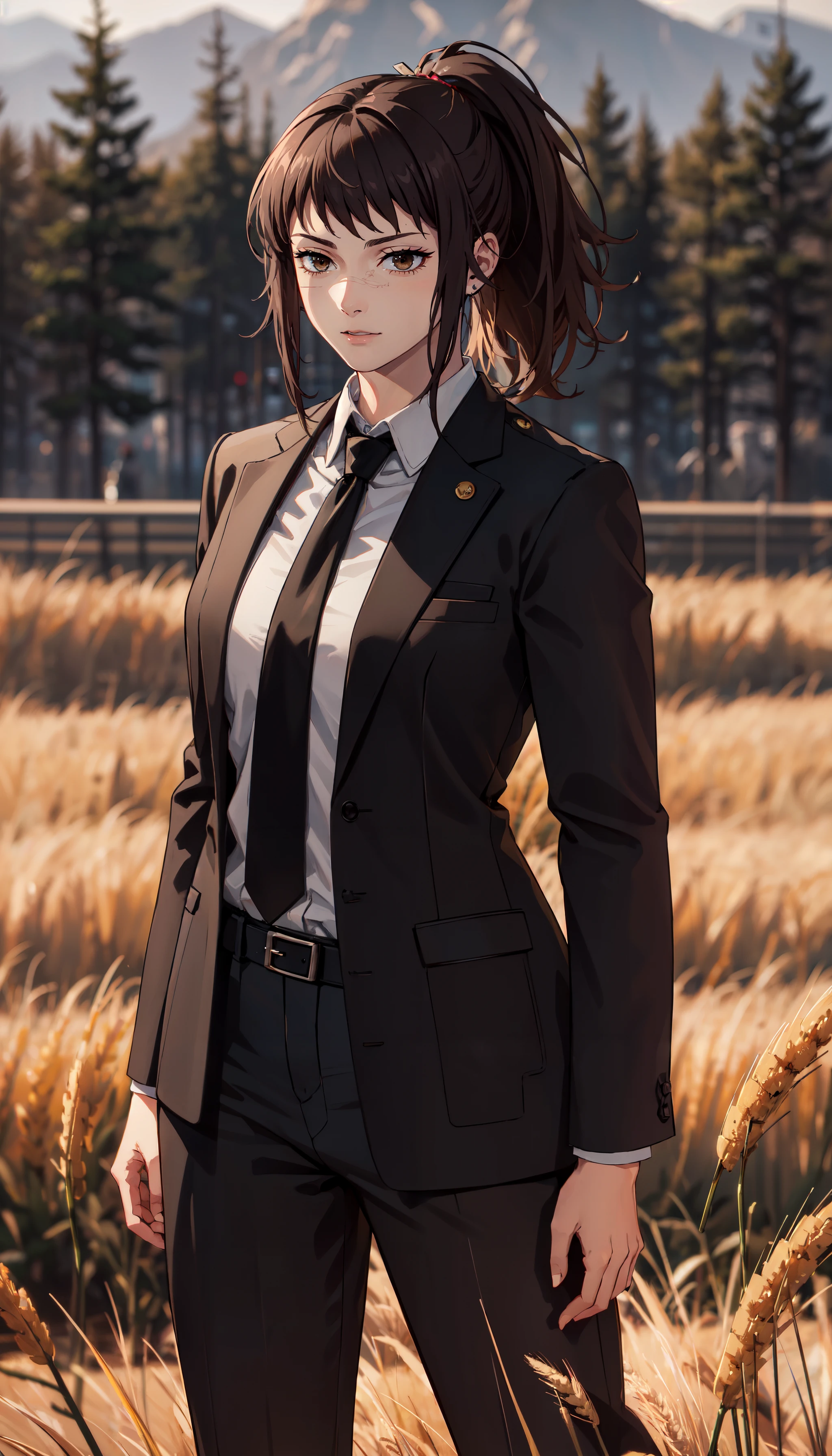 photorealistic, (4k), depth of field, (Masterpiece), (realistic skin texture), extremely detailed, intricate, hyper detailed, professional photography, bokeh, high resolution, sharp detail, best quality, girl, brown hair, ponytail, brown eyes, scar on face, white collared shirt, necktie, suit, suit pants, <lora:GoodHands-vanilla:0.4>, <lora:detail_slider_v4:0.8> , dynamic pose, (contrapposto), <lora:Michiko Tendou:0.7> , forest, outdoors, wheat field, open field, horizon,