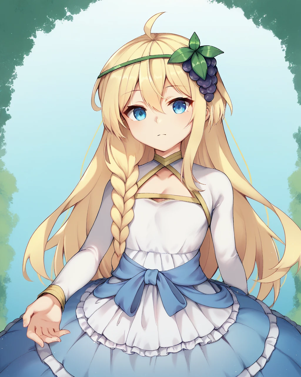 score_9, score_8_up, score_7_up,
<lora:Belzerg_Stylish_Sword_Iris_PONY:1>,belzerg stylish sword iris,,1girl, solo, blonde hair, long hair,hair between eyes, blue eyes,ahoge, single braid, hair ornament,grapes, blue dress, long sleeves, gradient dress, layered dress, white dress, ,