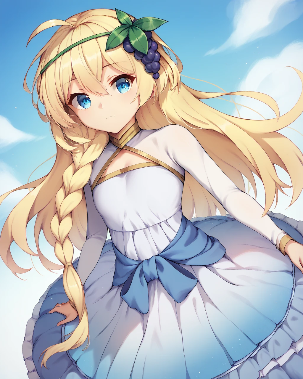 score_9, score_8_up, score_7_up,
<lora:Belzerg_Stylish_Sword_Iris_PONY:1>,belzerg stylish sword iris,,1girl, solo, blonde hair, long hair,hair between eyes, blue eyes,ahoge, single braid, hair ornament,grapes, blue dress, long sleeves, gradient dress, layered dress, white dress, ,