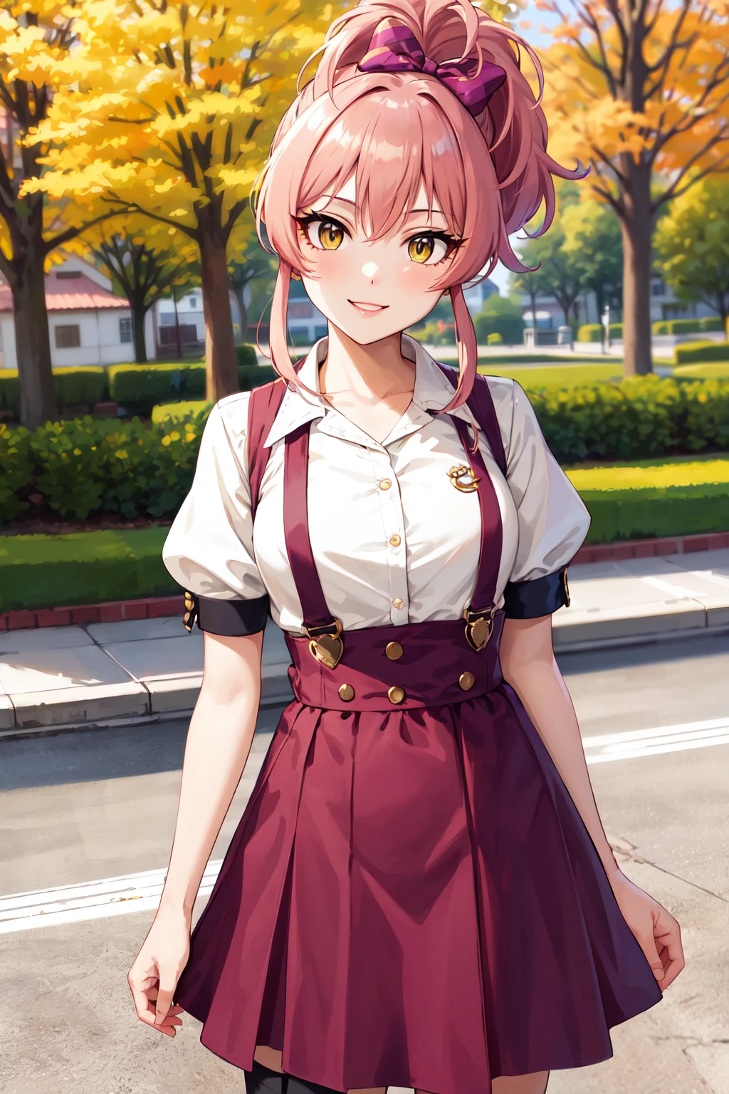 masterpiece, best quality, highres, aamika, ponytail, hair bow, <lora:jougasaki_mika_v1:0.7>, high-waist skirt, shirt, suspenders, puffy sleeves, short sleeves, autumn, smile, cowboy shot,