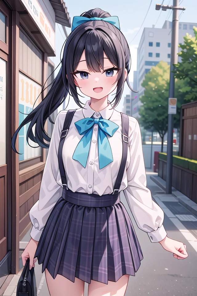 insanely detailed, absurdres, ultra-highres, ultra-detailed, best quality,
1girl, solo, nice hands, perfect hands
BREAK
jirai kei,plaid skirt, shirt, long sleeves, bow, blue skirt, white shoulder frilly shirt, outdoors, blue bow, long hair
, (cleavage:-1.5)
BREAK
happy smile, laugh, open mouth
BREAK
45 angle,
standing, cowboy shot, looking at viewer
BREAK
slender, kawaii, perfect symmetrical face, ultra cute girl, ultra cute face, ultra detailed eyes, ultra detailed hair, ultra cute, ultra beautiful
BREAK
in japanese street, cityscape in japan, depth of field, ultra detailed background
BREAK
large breasts
BREAK
black hair, black eyes, ponytail,