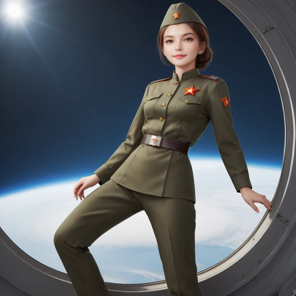 <lora:SDXL 50Soviet Military uniform-000003:0.5>
1girl,solo,Soviet Military uniform, spacecraft, space station, space, dynamic pose, 
best quality, high quality, highres, masterpiece, 
looking at viewer, facing viewer,