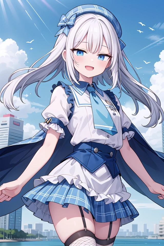 (cleavage:-1.5), insanely detailed, absurdres, ultra-highres, ultra-detailed, best quality,
1girl, solo, nice hands, perfect hands,
BREAK
(gothic drress, Idol costume:1.3), (blue and white theme:1.2), (white blouse:1.4), (white collar, tie:1.3), (open short-cape:1.3), (short sleeve:1.2), (blue tartan-check pattern (ruffle-skirt, multilayer-skirt):1.4), (white basque-beret with ribbon:1.3), (Fishnet stockings:1.3), (glove:1.2), (cleavage:-1.5)
BREAK
happy smile, laugh, open mouth,
standing,own hands together,
cowboy shot,
BREAK
slender, kawaii, perfect symmetrical face, ultra cute girl, ultra cute face, ultra detailed eyes, ultra detailed hair, ultra cute, ultra beautiful,
BREAK
cityscape in tokyo, ultra detailed background, blue sky, bay side, panorama view,
medium breasts, white hair, blue eyes