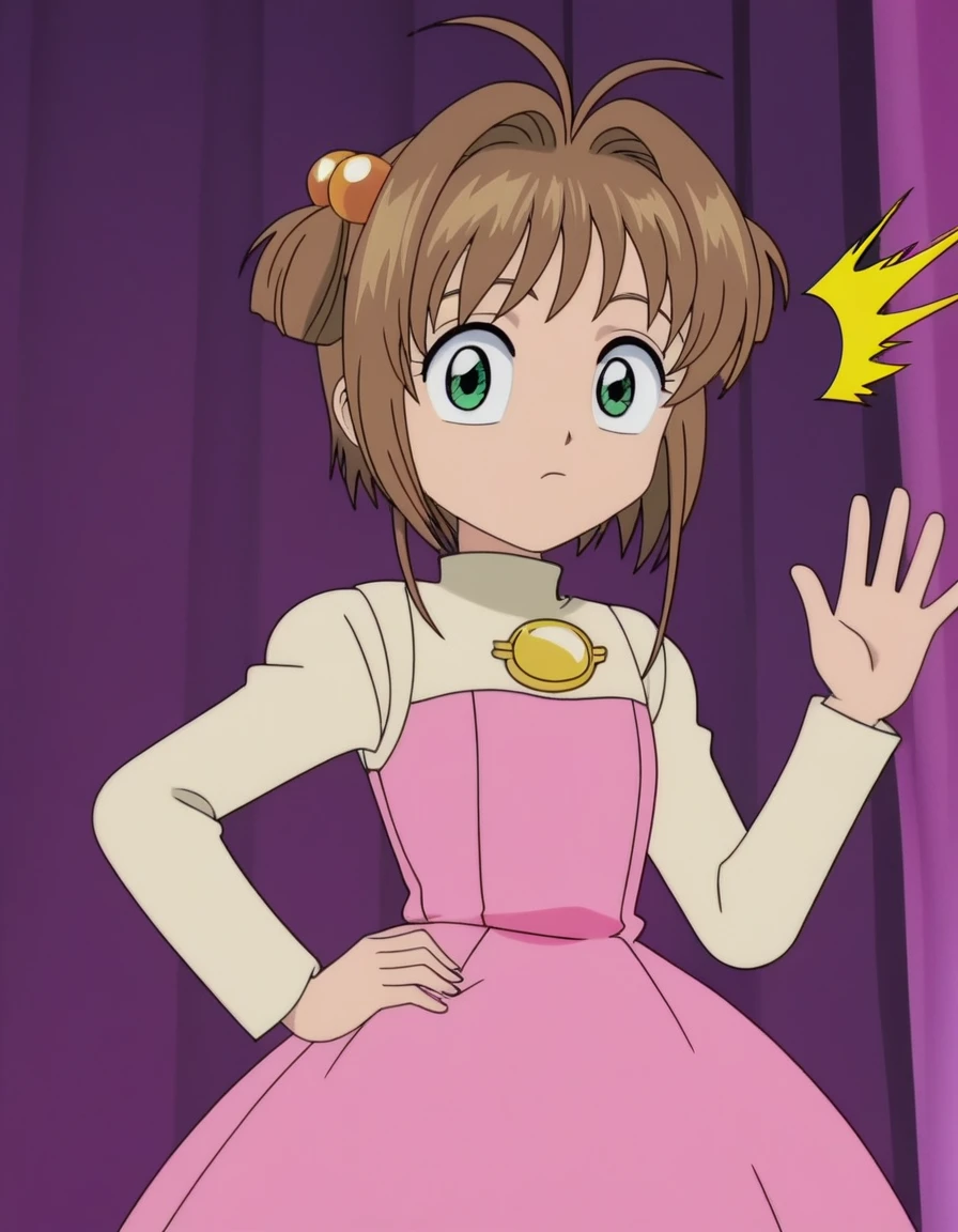 score_9, <lora:sakura_pony_v1:0.7> (kinomoto sakura), 1girl, anime screencap, looking at viewer, 4k, surprised, wearing pink dress, cowboy shot, closed mouth, hand on own hip,