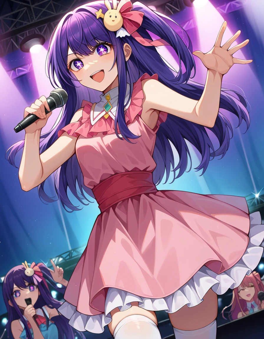 score_9, score_8_up, score_7_up, source_anime,
aihoshino, <lora:ai-hoshino-ponyxl-lora-nochekaiser:1>,
ai hoshino, long hair, bangs, purple eyes, purple hair, symbol-shaped pupils, smile,
one side up, hair ornament, hair ribbon, skirt, thighhighs, white thighhighs, zettai ryouiki, idol, dress, pink dress, sleeveless, pink skirt, frilled skirt, bare shoulders, collar, white collar,
indoors, stage, stage lights, concert, glowstick, idol, holding microphone, microphone, audience, singing, music,
looking at viewer, cowboy shot, dutch angle, dynamic pose,