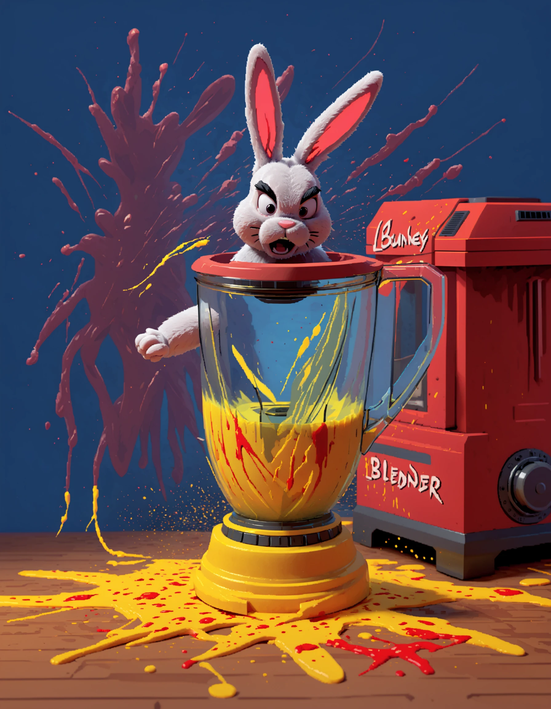 a rabbit falls into a blender, liquified carbuncle,in container, full body, hands inside the glass, blender, yellow paint, extreme, splatter, chunks, bad end, screaming, in blender, in container, glass container, rotating blades, red lightning, blue energy, blue paint, electrical malfunction, kitchen counter, panic, kitchen scene, cinematic lighting, cinematic angle, masterblender, best blender, RIP bunny, looney tunes acme blender, <lora:CarbieBlenderXL:0.8>