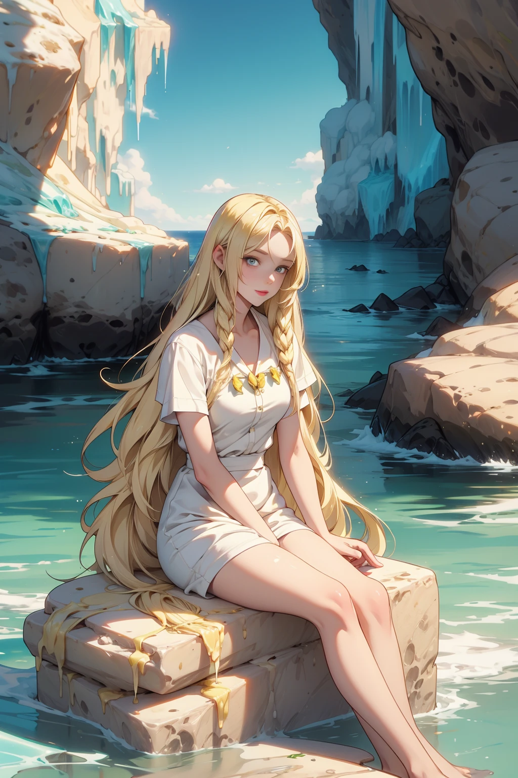 <lora:IceCreamChocoWorld:1> (IceCreamChocoWorld:0.9) cat (long blonde hair:1.2)(sitting near a rock watching the sea:1.1)