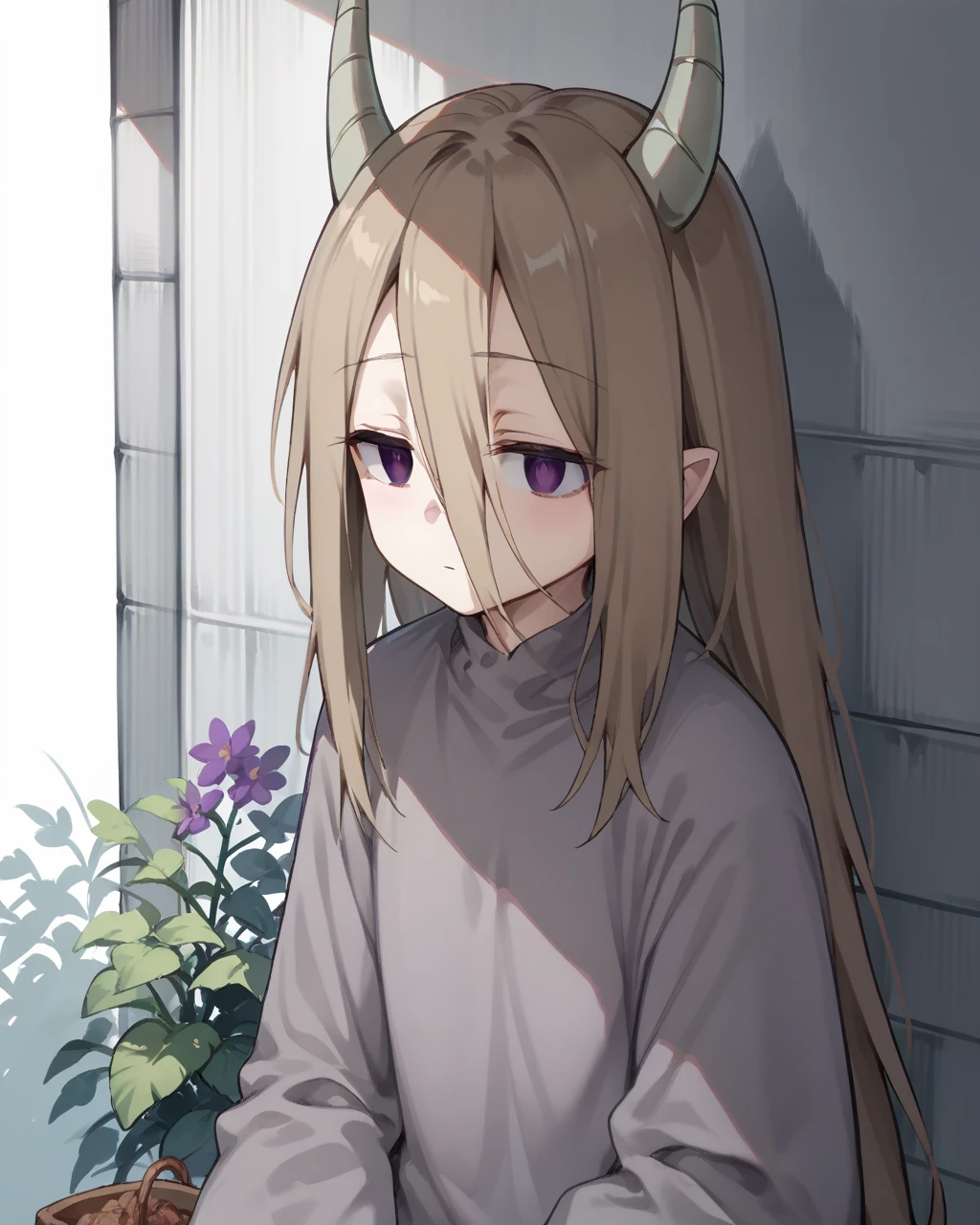 score_9, score_8_up, score_7_up,
<lora:demon_girl_PONY:1>,demon girl,1girl, horns, solo,very long hair,empty eyes, purple eyes, grey shirt,brown hair,demon girl, long sleeves,jitome,
