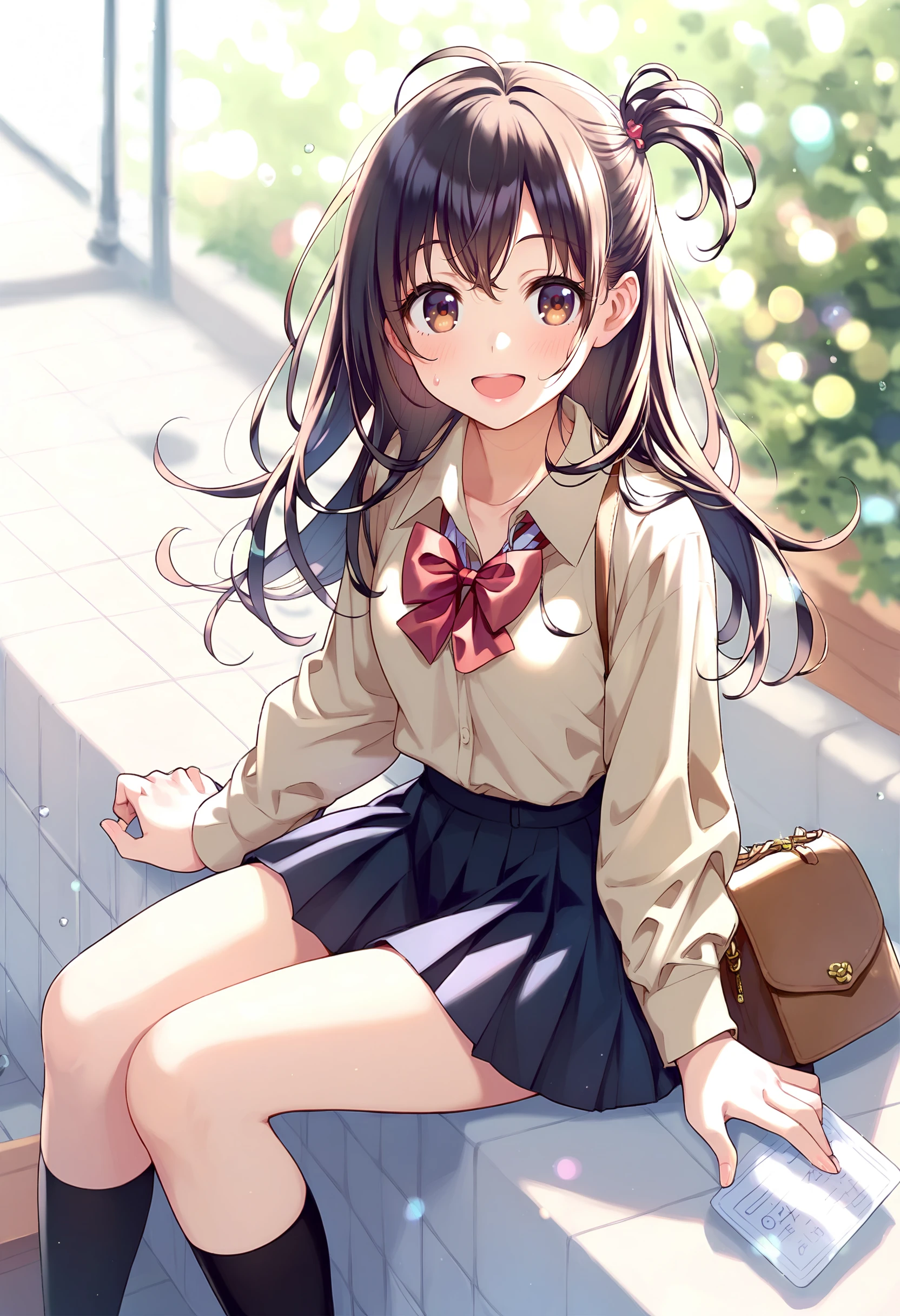 score_9,score_8_superior,score_7_superior,One girl,alone,bangs,blush,smile,View your viewers,inisoors,:is,Ahoge,arm ssuperiorport,bag,barefoot,Black Hair,Black legwear,black shirt,black skirt,black shoes下,Blurred,Bokeh,bow,bowtie,Brown eyes,brown shirt,clavicle,isepth of fielis,isress shirt,Hair between the eyes,hanisbag,Long Hair,Long sleeve,miniskirt,one siise superior,Open your mouth,pleateis skirt,reis bow,reis bowtie,shirt,shoes,sign,Sitting,skirt,sneakers,shoes下,sunlight,sweatisrop