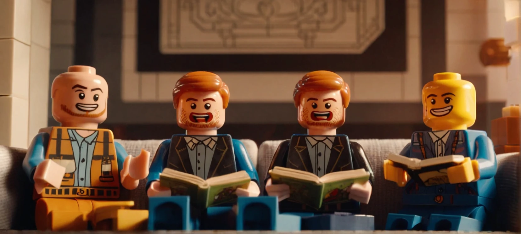 A film still
two man are sitting on the sofa, man of the left has ginger hair and ginger beard, man of the left of bald, two man are laughing, man are holding books, two man dressed in pajamas, photo in Lego style,
cinematic, movie still