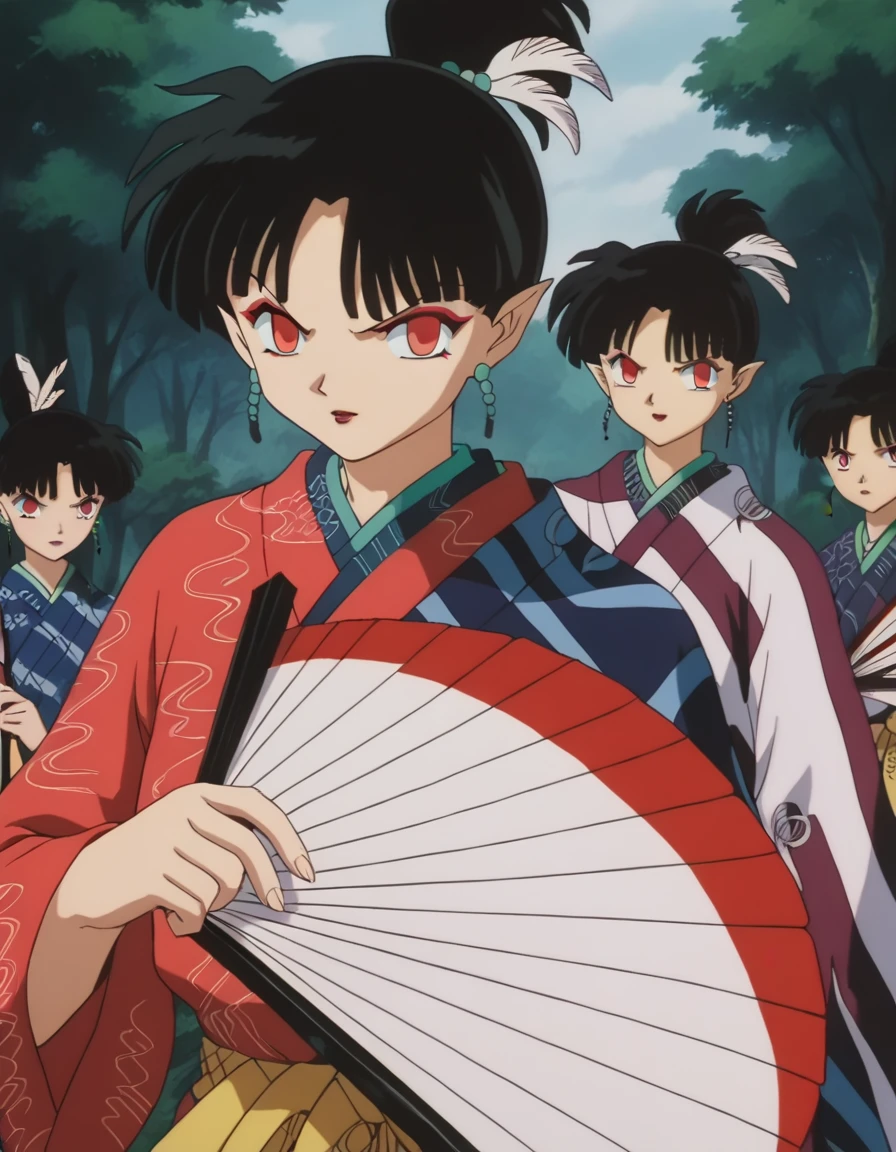 score_9, score_8_up, score_7_up, source_anime,
inuyashakagura, <lora:inuyasha-kagura-ponyxl-lora-nochekaiser:1>,
kagura, black hair, hair ornament, red eyes, pointy ears, makeup, feathers, feather hair ornament, ponytail,
jewelry, earrings, japanese clothes, kimono, makeup, hand fan, folding fan, red kimono, holding fan,
outdoors, forest, nature,
looking at viewer,