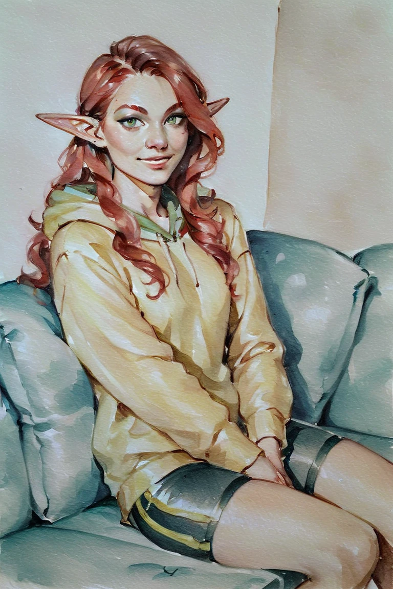 score_9, score_8_up, score_7_up, rating_safe, traditional media, realistic, elf, pointy ears, red hair, long hair, green eyes, yellow hoodie, bike shorts, smile, 1girl, solo, looking at viewer, cowboy shot, sitting, on couch, couch, indoors, living room <lora:Blue Water Style LoRA_Pony XL v6:0.7>