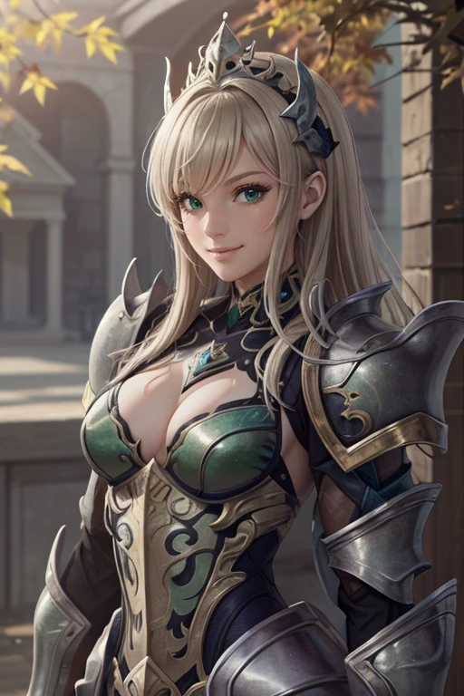 hxarmour,<lora:HXarmour_018:0.6>,1girl,smile,crown.,(green armour:1.3),(Resting on a diagonal:1.2),
ultra-detailed,extremely delicate and beautiful,(by exquisite colors block),masterpiece,best quality,unreal engine 5 rendering,movie light,movie lens,movie special effects,detailed details,HDR,UHD,8K,CG wallpaper,in autumn,