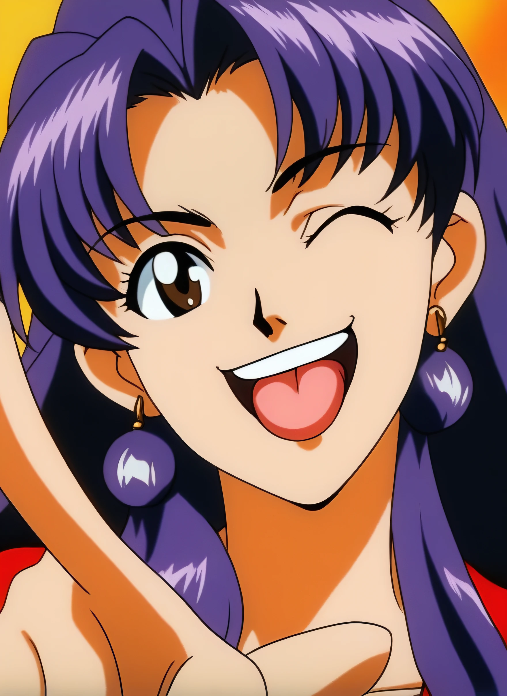 <lora:Misato:0.7> 1girl,solo,long  hair,looking at viewer,smile,open mouth,bangs,purple hair,brown eyes,one eye closed,tongue,;d,pointing,portrait,close-up,katsuragi misato,retro artstyle,1990s (style),masterpiece,oldest