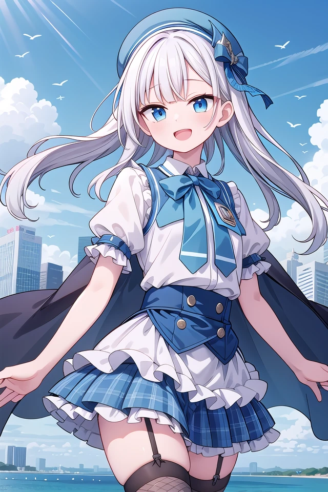 (cleavage:-1.5), insanely detailed, absurdres, ultra-highres, ultra-detailed, best quality,
1girl, solo, nice hands, perfect hands,
BREAK
(gothic drress, Idol costume:1.3), (blue and white theme:1.2), (white blouse:1.4), (white collar, tie:1.3), (open short-cape:1.3), (short sleeve:1.2), (blue tartan-check pattern (ruffle-skirt, multilayer-skirt):1.4), (white basque-beret with ribbon:1.3), (Fishnet stockings:1.3), (glove:1.2), (cleavage:-1.5)
BREAK
happy smile, laugh, open mouth,
standing,own hands together,
cowboy shot,
BREAK
slender, kawaii, perfect symmetrical face, ultra cute girl, ultra cute face, ultra detailed eyes, ultra detailed hair, ultra cute, ultra beautiful,
BREAK
cityscape in tokyo, ultra detailed background, blue sky, bay side, panorama view,
medium breasts, white hair, blue eyes