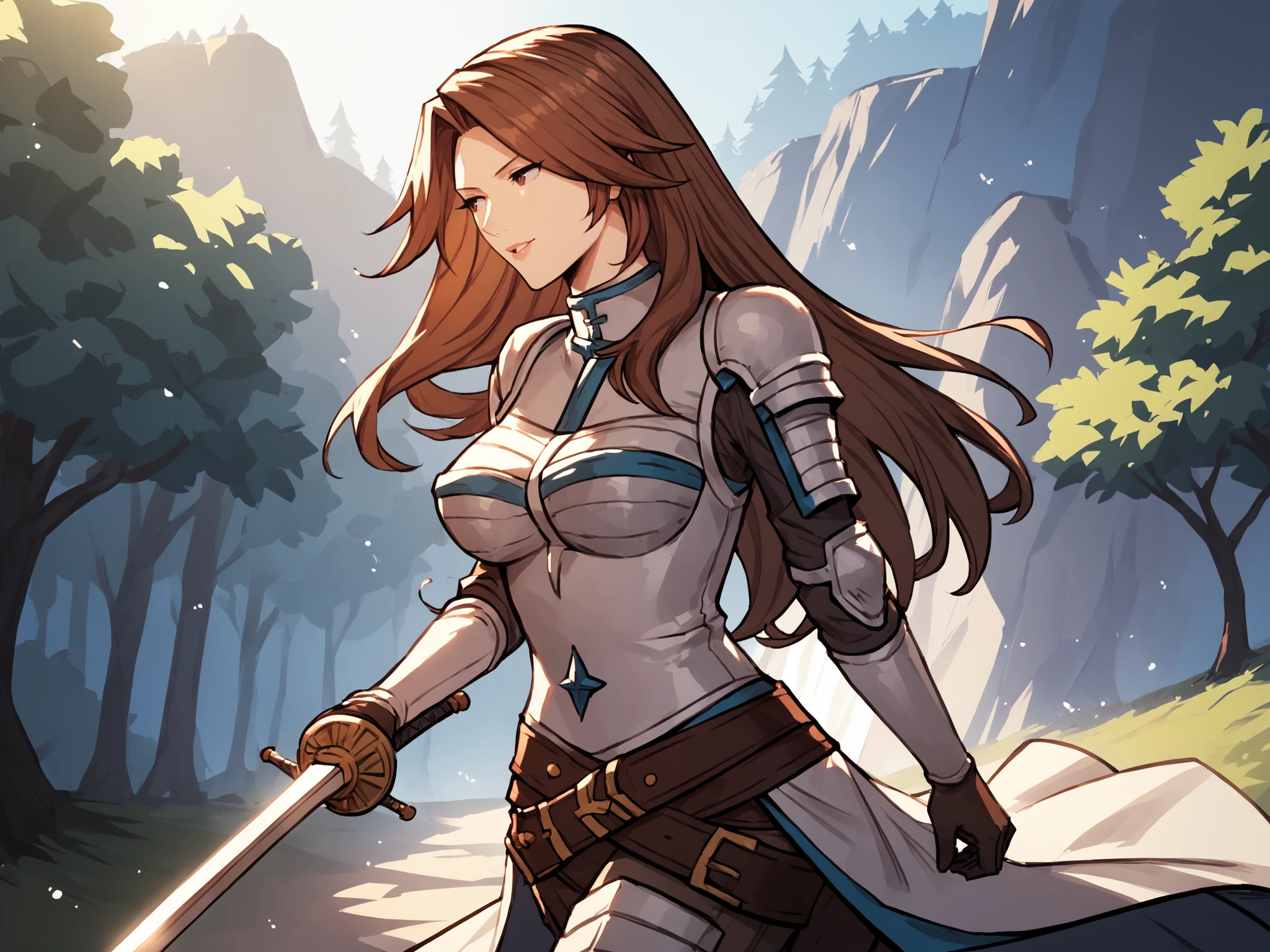 score_9, score_8_up, score_7_up, score_6_up, score_5_up, score_4_up, rating_explicit,
BREAK
1girl, katalina \(granblue fantasy\), brown hair, parted bangs, long hair, brown eyes, adult, mature, looking away,
BREAK
solo, standing, armor, holding sword, walking,
BREAK
forest, cinematic, detailed background, dynamic pose, angled shot, dynamic angle, sunbeam, <lora:Lunas-Katalina-Granblue-SDXL-A1:1>