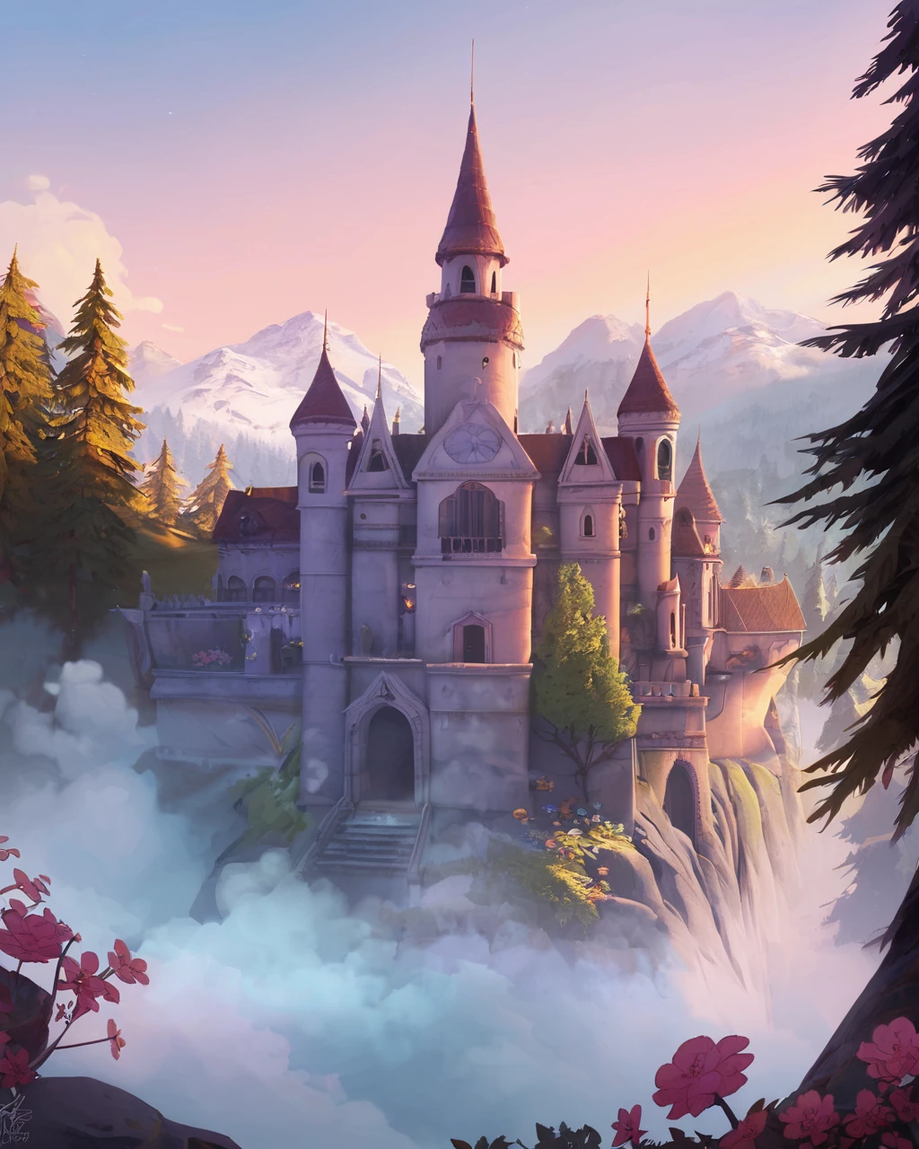 score_9, score_8_up, score_7_up, BREAK, flower, outdoors, mountain, day, fog, mist, castle, trees, forest, no humans, owsstyle, <lora:OwSceneryStyle_v1:0.8>