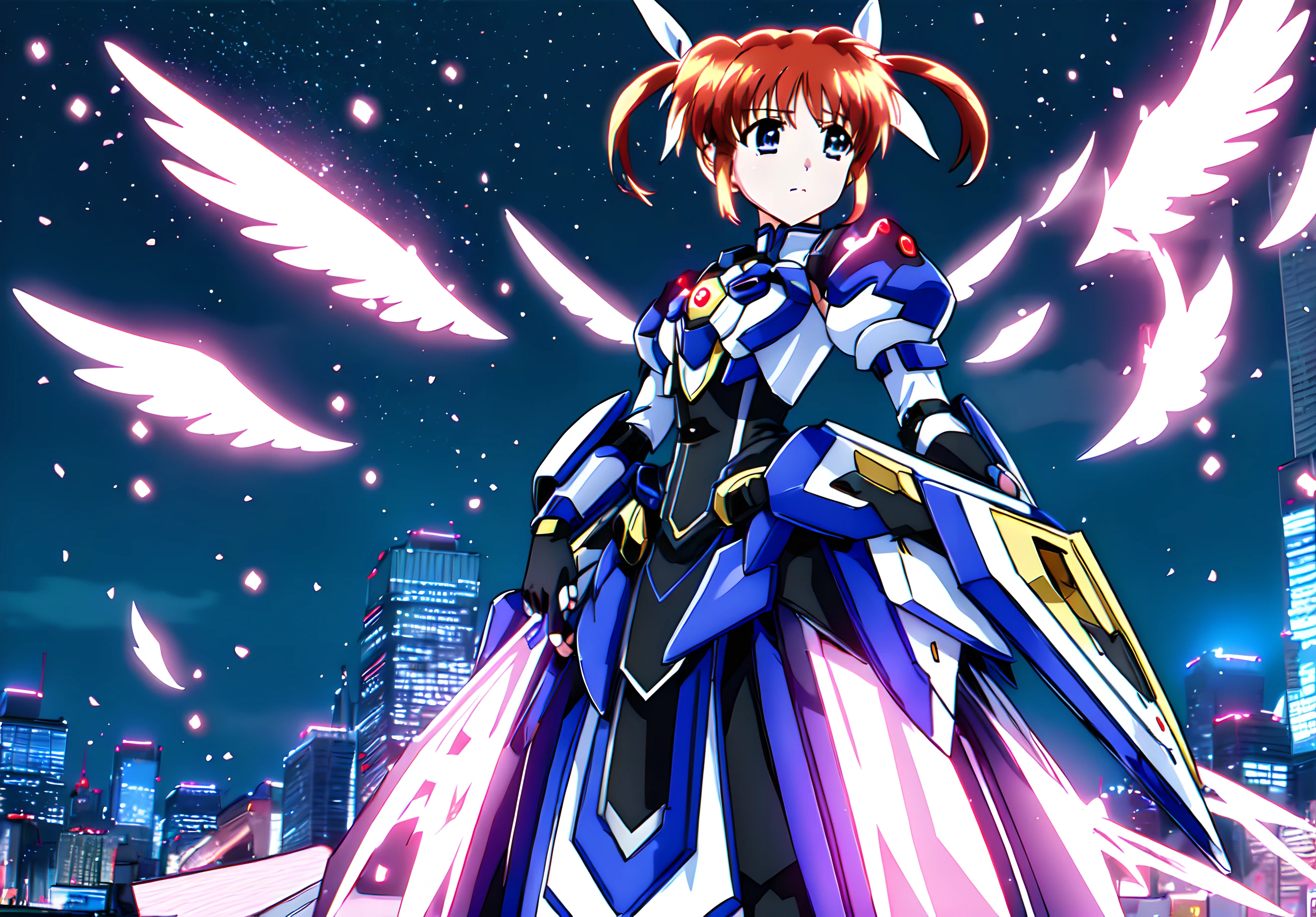 <lora:nanoha:0.8>,nanoha,1girl,super fine illustration,masterpiece,best quality,solo,gloves,armor,dress,puffy sleeves,long sleeves,blue Hand armor,black gloves,fingerless gloves,light particle,wings of light particles,cityscape,