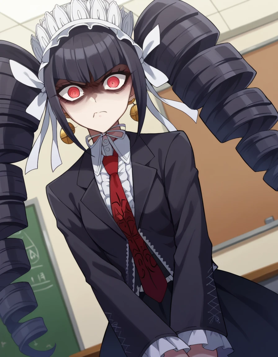 score_9, score_8_up, score_7_up, source_anime,
celestialudenberg, <lora:celestia-ludenberg-ponyxl-lora-nochekaiser:1>,
celestia ludenberg, long hair, bangs, black hair, red eyes, long sleeves, twintails, drill hair, twin drills, angry, anger vein,
skirt, shirt, black hair, long sleeves, jewelry, jacket, earrings, frills, necktie, black skirt, black jacket, red necktie, bonnet, print necktie,
indoors, classroom,
looking at viewer, cowboy shot, dutch angle,