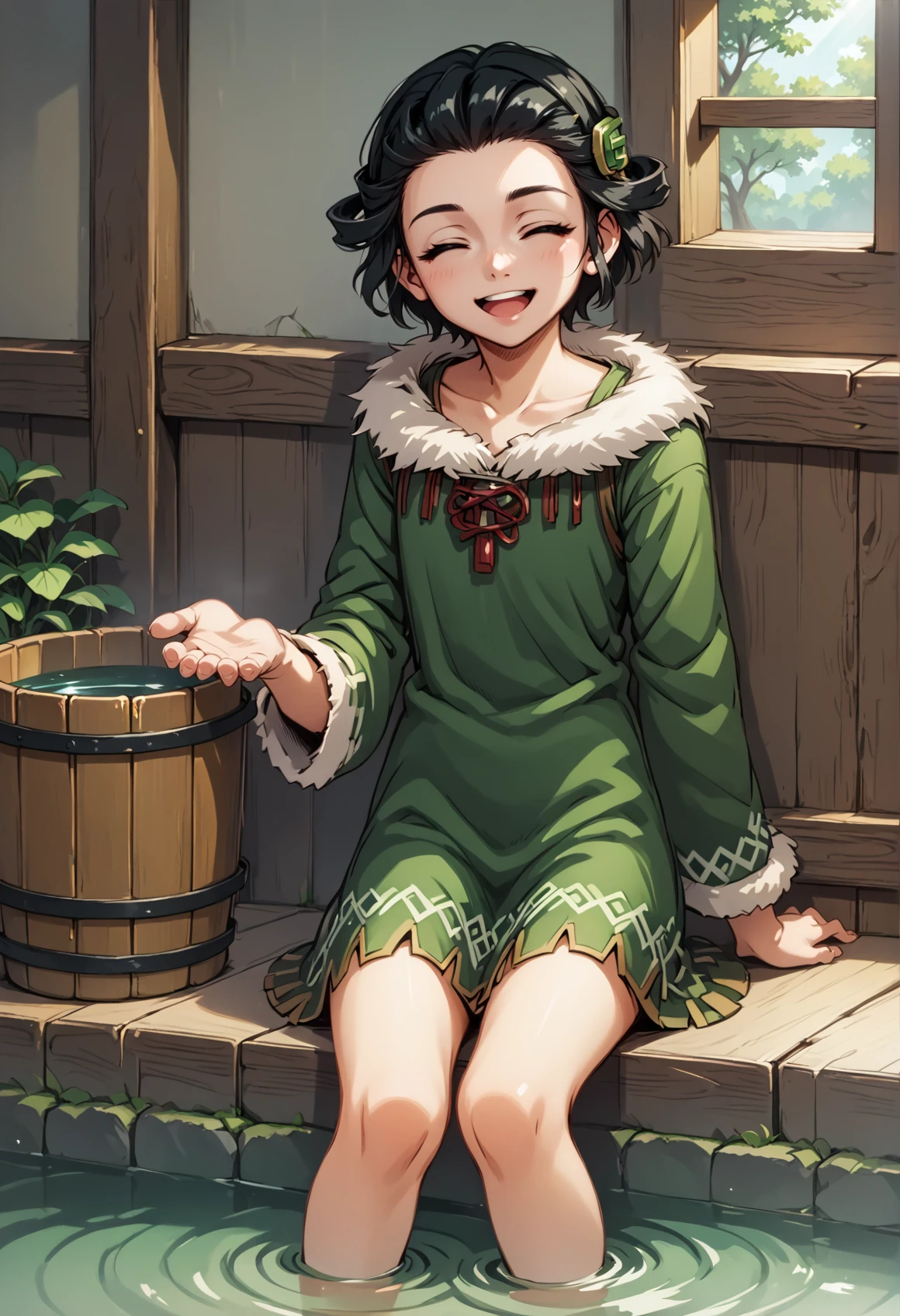 1girl, solo, black hair, short hair, black eyes, dreadlocks, forehead, green dress, fur trim, sitting, indoors, barefoot, submerged feet, wooden bucket, looking at viewer, closed eyes, open mouth, smile <lora:Yun_Suikoden_III-XL:1>anime screencap, score_9, score_8_up, score_7_up, score_6_up, score_5_up, score_4_up, BREAK source_anime, masterpiece