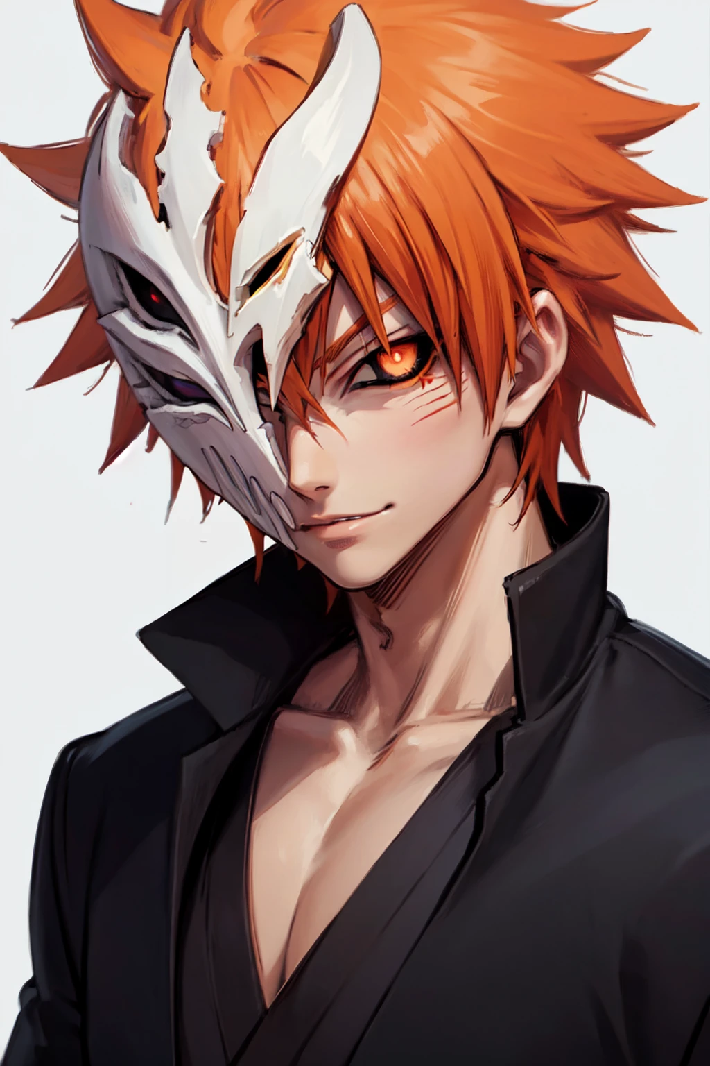 hollow mask ichigo, colored sclera, black sclera, orange hair, looking at viewer, spiked hair, male focus, solo<lora:EMS-326913-EMS:1.000000>