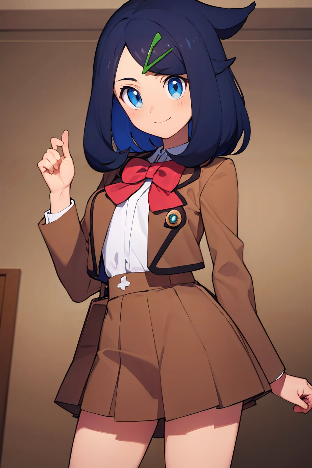 ((masterpiece,best quality)), absurdres, <lora:Liko_Pokemon_v2:0.8>, liko (pokemon), blue hair, hair clip, brown skirt, white shirt, red bow, school uniform, brown jacket, smile, looking at viewer, cowboy shot, contrapposoto, <lora:Bold_CAT:0.5>,