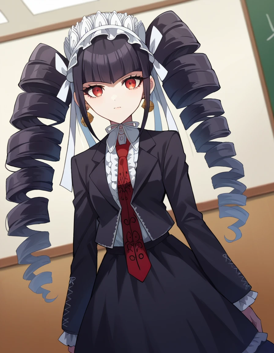 score_9, score_8_up, score_7_up, source_anime,
celestialudenberg, <lora:celestia-ludenberg-ponyxl-lora-nochekaiser:1>,
celestia ludenberg, long hair, bangs, black hair, red eyes, long sleeves, twintails, drill hair, twin drills,
skirt, shirt, black hair, long sleeves, jewelry, jacket, earrings, frills, necktie, black skirt, black jacket, red necktie, bonnet, print necktie,
indoors, classroom,
looking at viewer, cowboy shot, dutch angle,