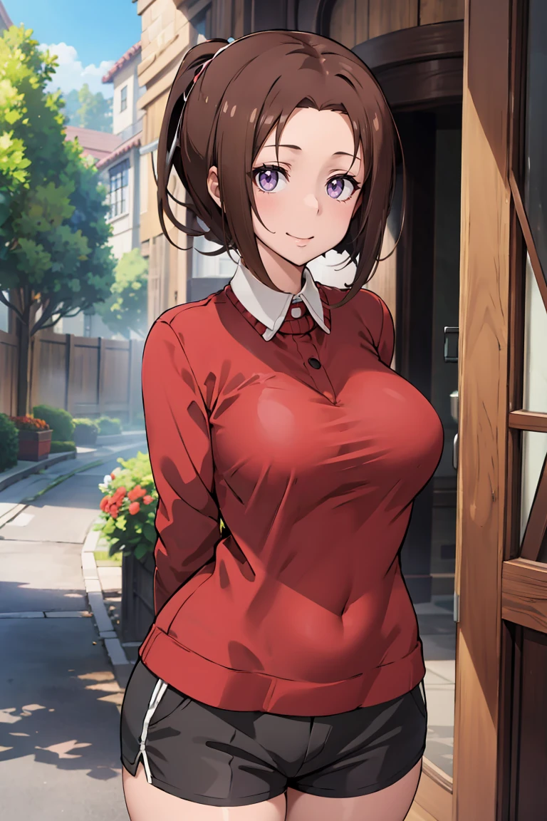 (masterpiece, best quality), 1girl, solo, looking at viewer,
<lora:Ratetaso-v1:0.95>, thick thighs,
upper body, portrait,
straight-on,
showing smile on face,
bronze hair, very short hair, forehead, sidelocks, high ponytail,
light purple eyes, tsurime,
medium breasts,
(Aran sweater blazer worn over a blouse and tailored shorts with loafers:1),
standing, straight-on, arms behind back,
day, outdoors,