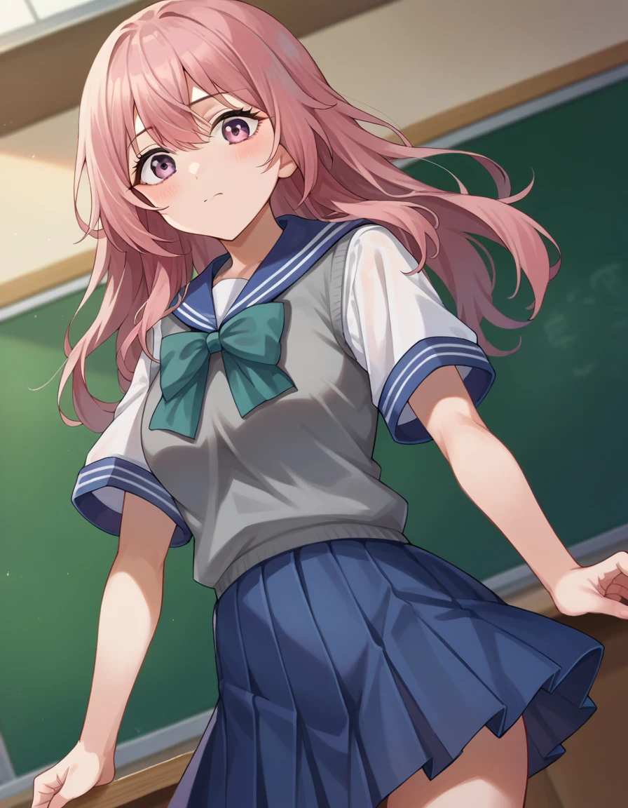 score_9, score_8_up, score_7_up, source_anime,
shinjuinui, <lora:shinju-inui-ponyxl-lora-nochekaiser:1>,
shinju inui, long hair, pink hair, pink eyes,
skirt, shirt, bow, school uniform, white shirt, short sleeves, pleated skirt, serafuku, bowtie, sailor collar, vest, blue skirt, sweater vest,
indoors, classroom,
looking at viewer, cowboy shot, dutch angle, dynamic pose,